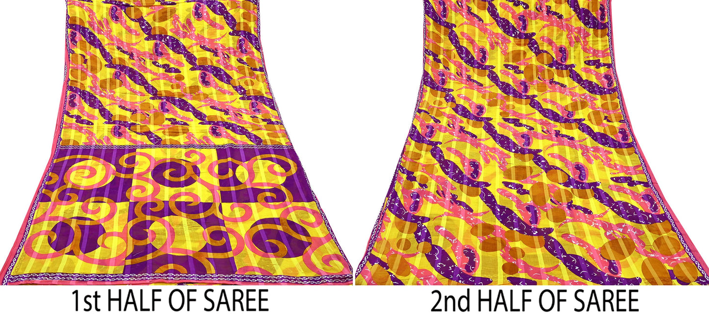 Indian Vintage Sari Purple & yellow Printed Sarees Pure Cotton Craft Fabric 5Yd Soft Sewing Sarong Wrap Boho Upcycle Quilting Crafting Used
