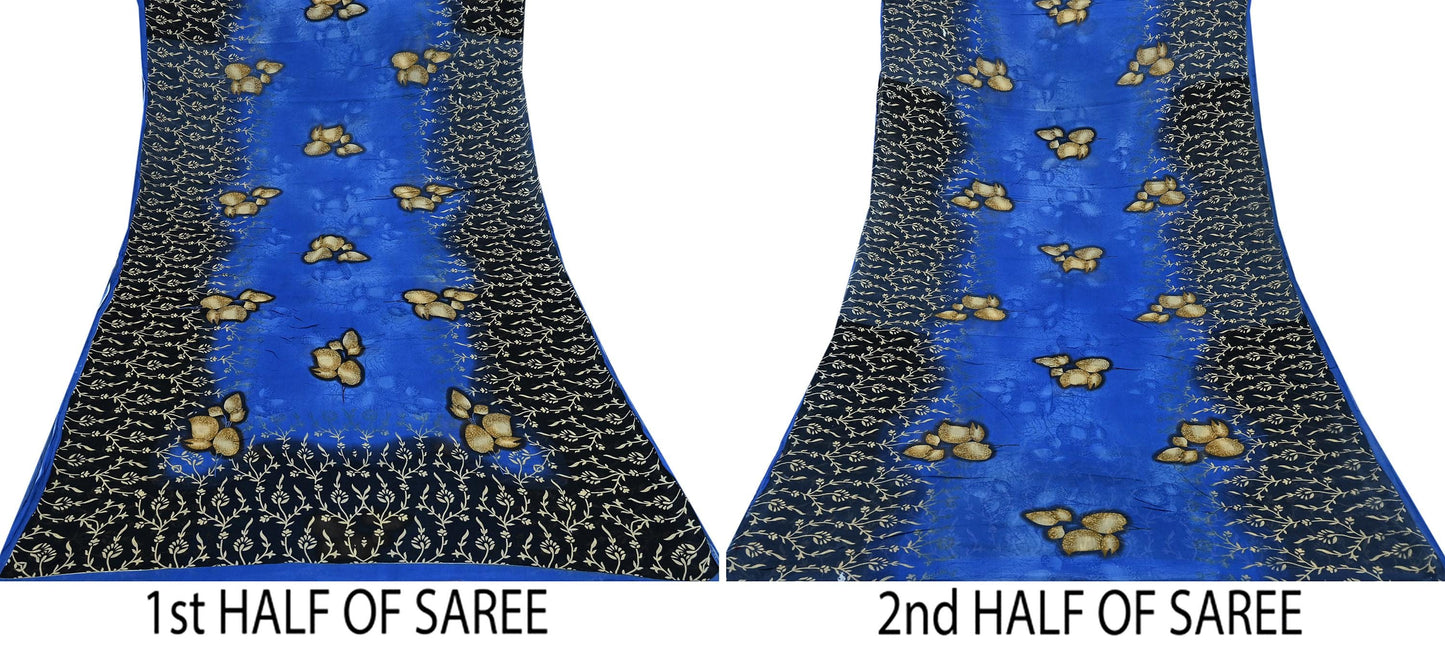 Indian Vintage Blue & Black Saree Printed Pure Cotton Sari Craft Fabric 5Yd Soft Sewing Sarong Wrap Boho Floral Dress Making Quilting