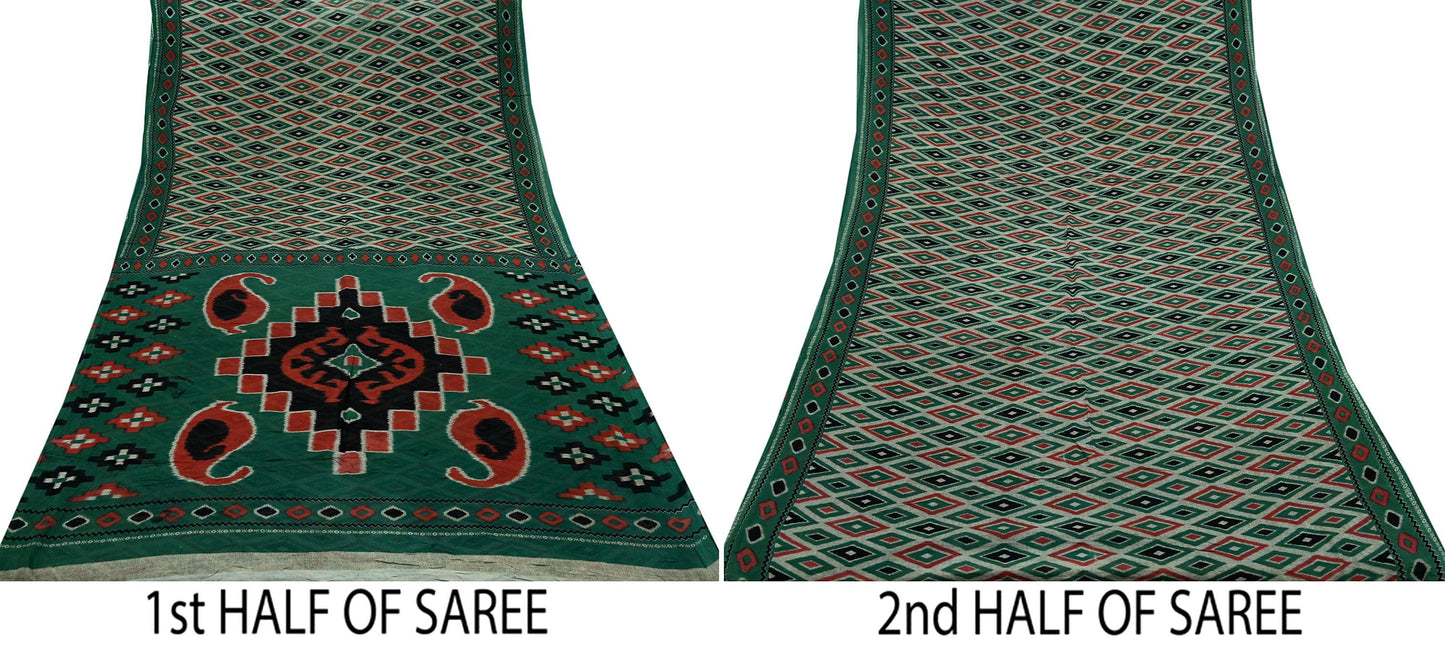 Indian Vintage Green Saree Printed Pure Cotton Sari Craft Fabric 5Yd Soft Sewing Sarong Wrap Boho Floral Dress Making Quilting Crafting
