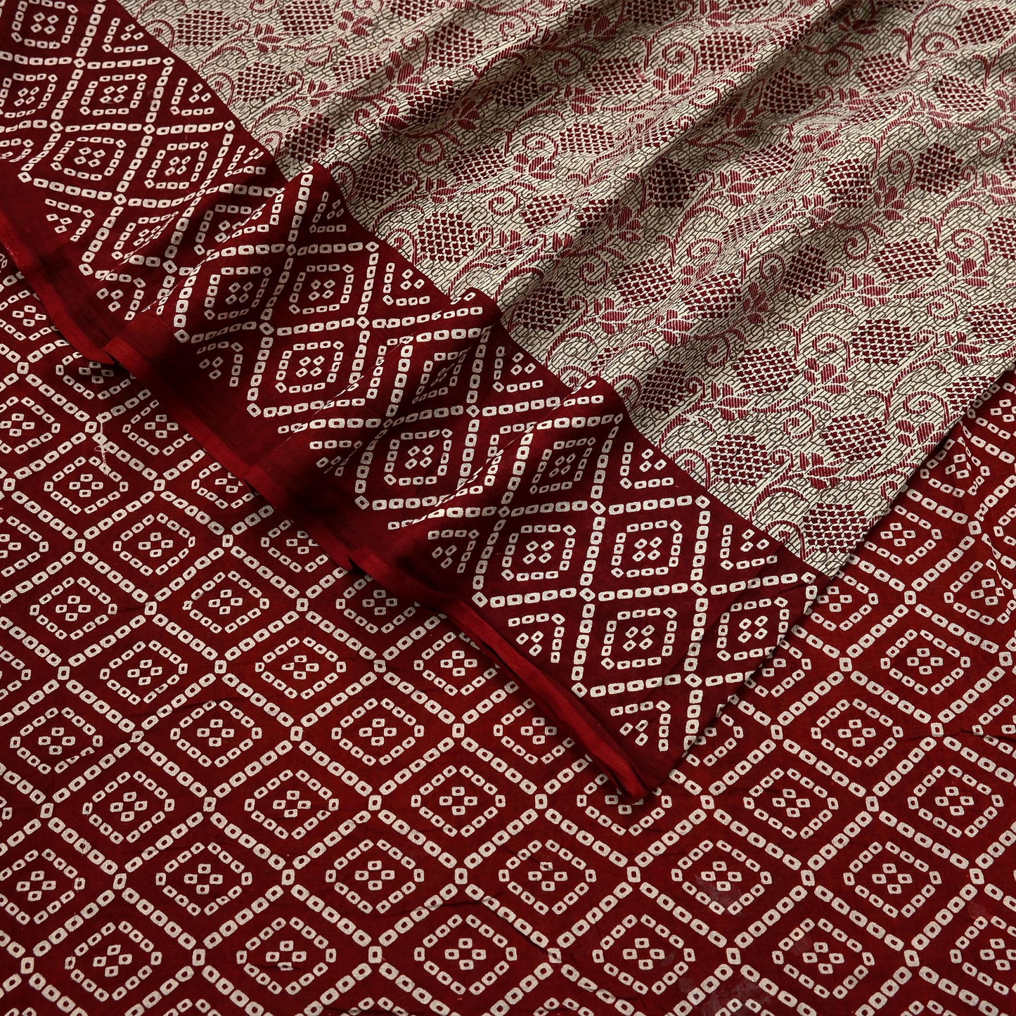 Indian Vintage Sari Maroon & Beige Pure Cotton Bandhani Printed Sarees 5yd Sewing Craft Fabric Dress Making Soft Sarong Quilting Crafting