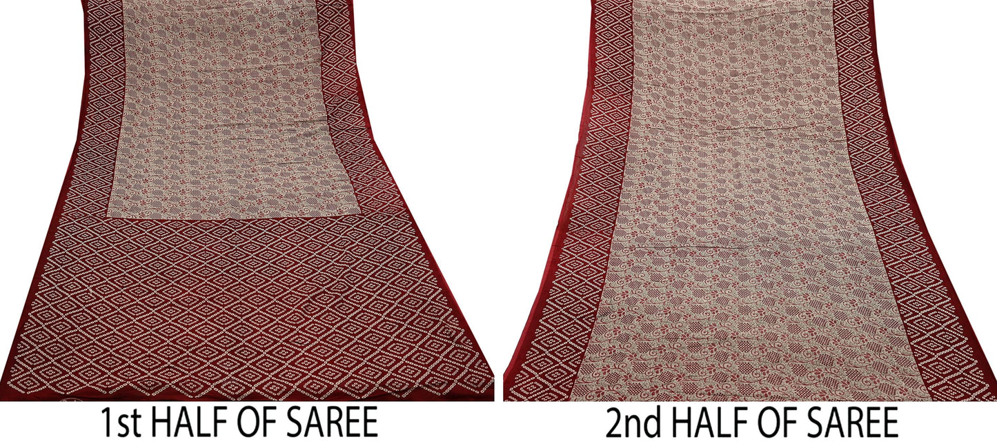 Indian Vintage Sari Maroon & Beige Pure Cotton Bandhani Printed Sarees 5yd Sewing Craft Fabric Dress Making Soft Sarong Quilting Crafting
