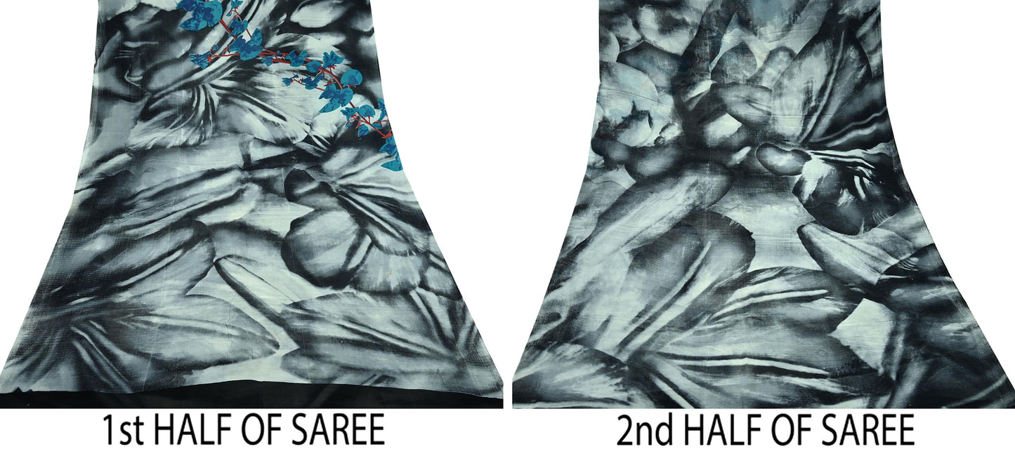 Women Indian Vintage Sari Gray & Black Pure Georgette Silk Printed Sarees Craft Fabric Sewing 5Yd Soft Dress Making Floral Quilting Crafting
