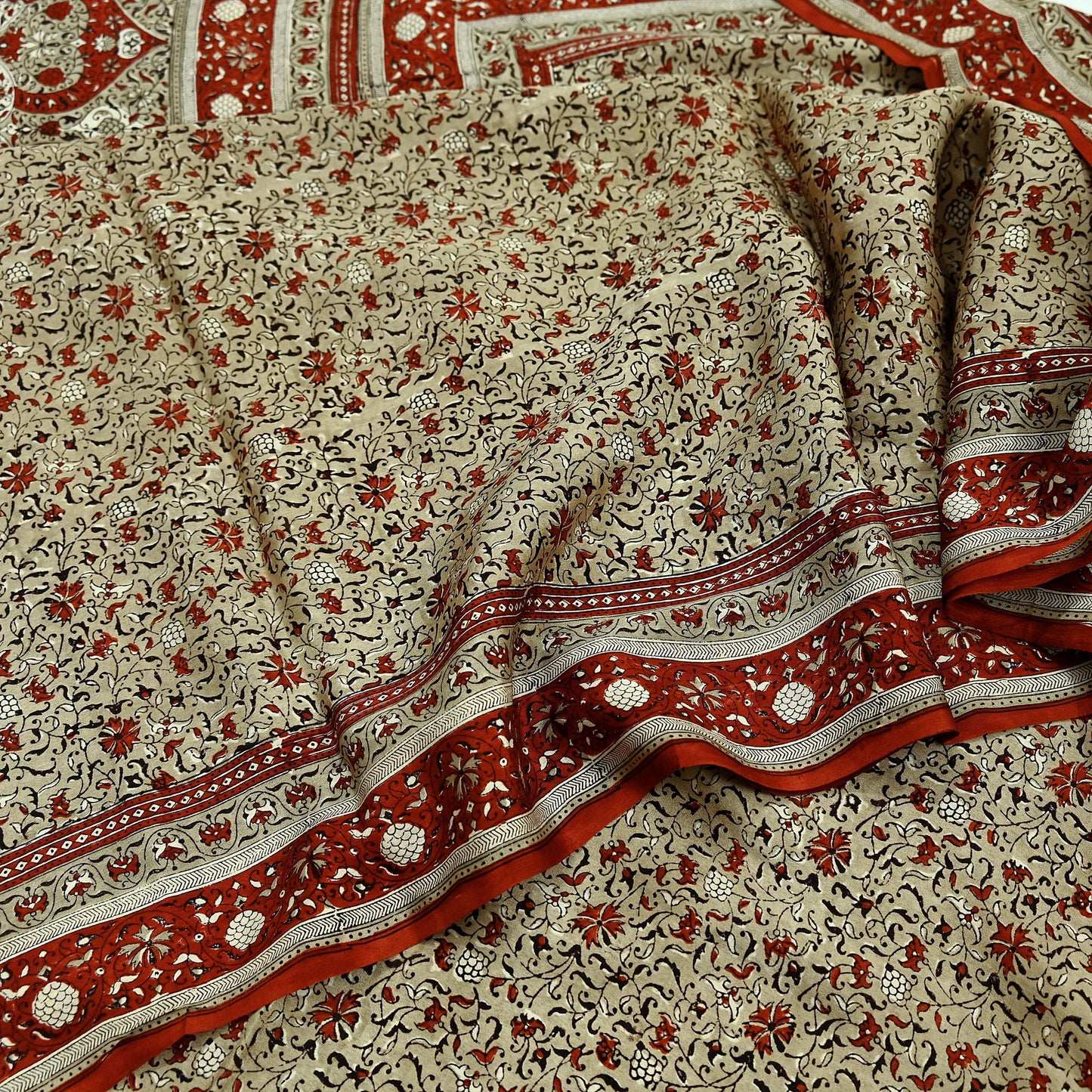 Indian Vintage Sari Beige 100% Pure Silk Block Printed Saree Craft Fabric 5yd Sewing DressMaking Soft Floral Dress making Crafting Quilting