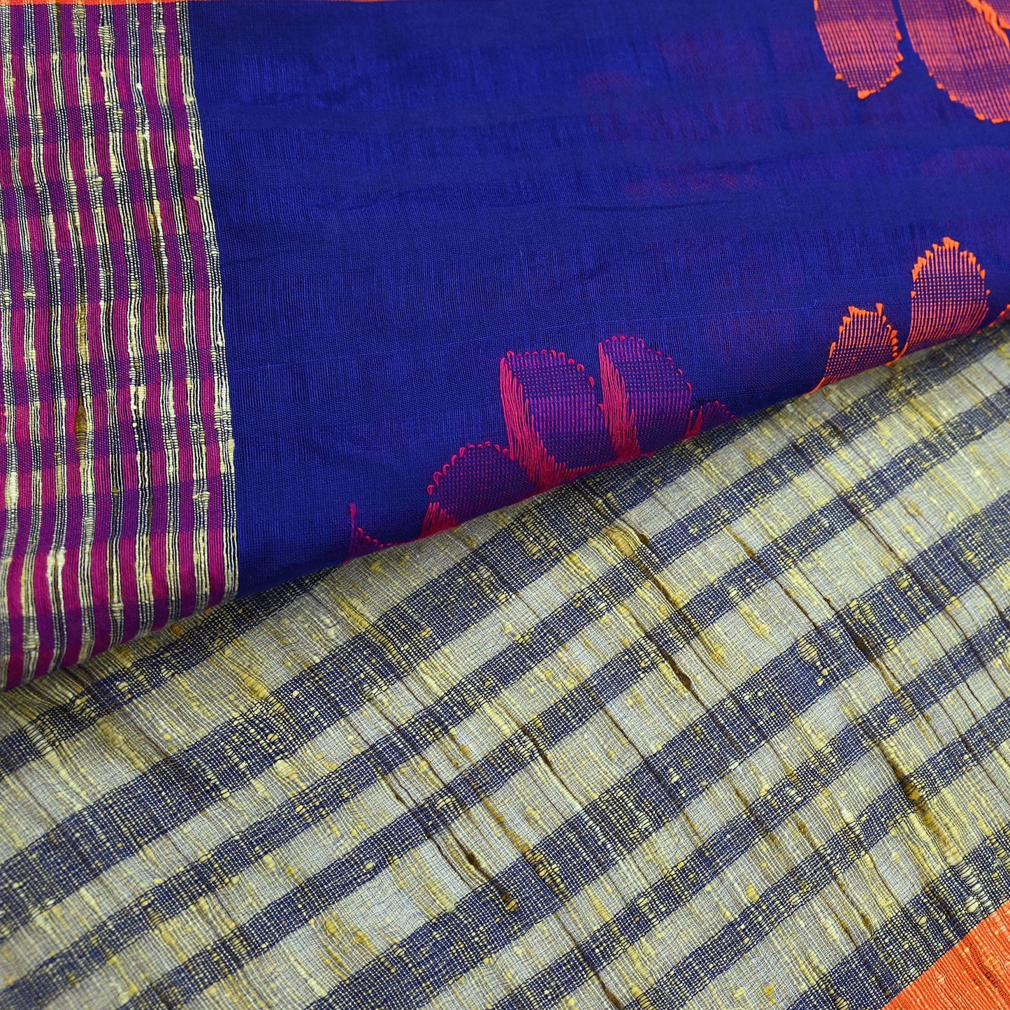 Indian Vintage Sari Beige & Blue Pure Cotton Hand Woven Sarees Craft Fabric 5yd Ethnic Crafting Quilting Dress Making Matching Blouse Fabric