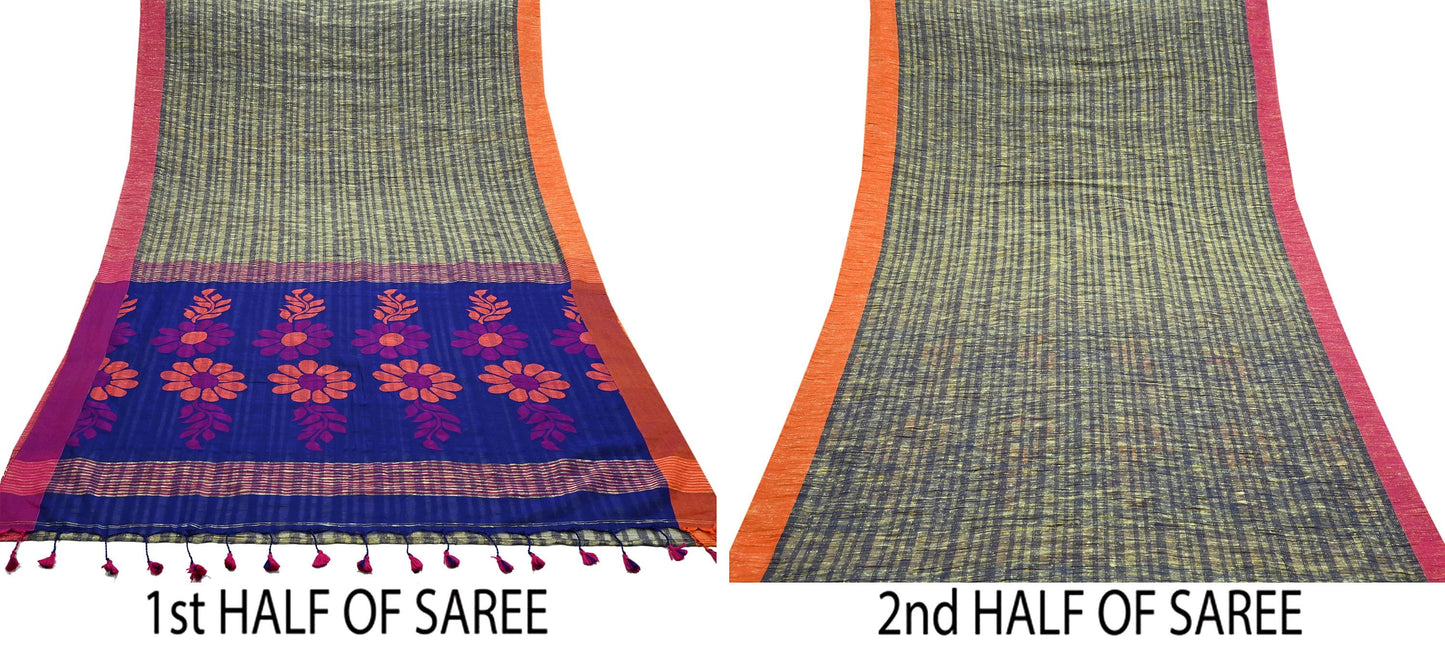 Indian Vintage Sari Beige & Blue Pure Cotton Hand Woven Sarees Craft Fabric 5yd Ethnic Crafting Quilting Dress Making Matching Blouse Fabric