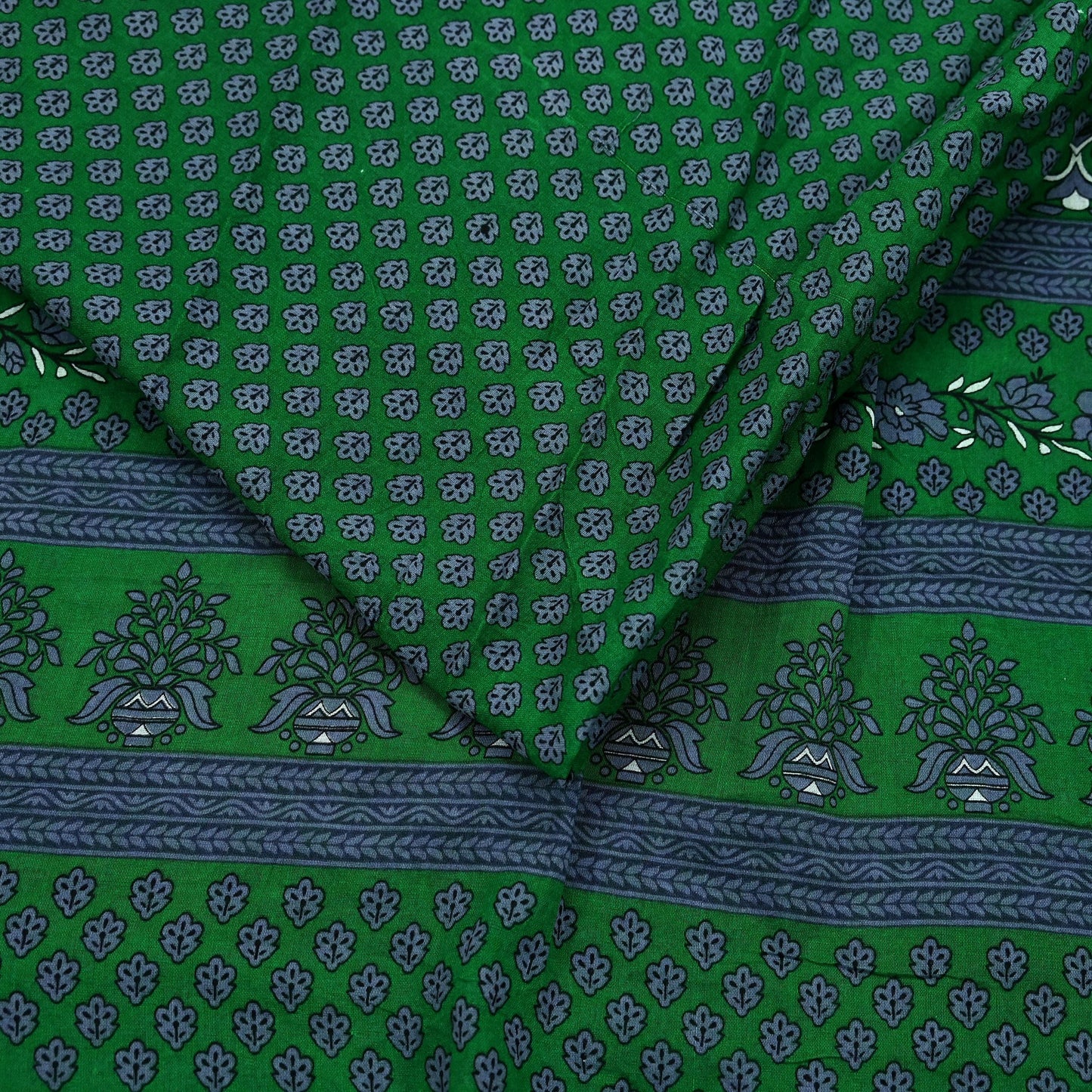 Indian Vintage Green & Gray Saree Printed Pure Cotton Sari Craft Fabric 5Yd Sewing Soft Sarong Wrap Boho Floral Quilting Crafting