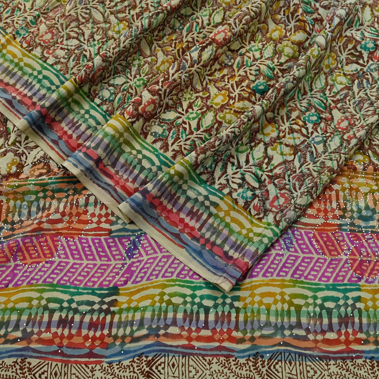 Indian Vintage Sari Multi Pure Crepe Silk Block Printed Mukesh Saree 5yd Sewing Floral Soft Craft Fabric Wrap Dress making Crafting Quilting