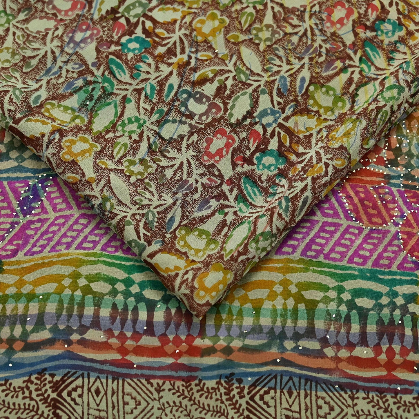 Indian Vintage Sari Multi Pure Crepe Silk Block Printed Mukesh Saree 5yd Sewing Floral Soft Craft Fabric Wrap Dress making Crafting Quilting