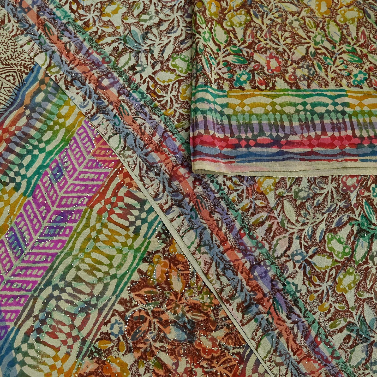 Indian Vintage Sari Multi Pure Crepe Silk Block Printed Mukesh Saree 5yd Sewing Floral Soft Craft Fabric Wrap Dress making Crafting Quilting
