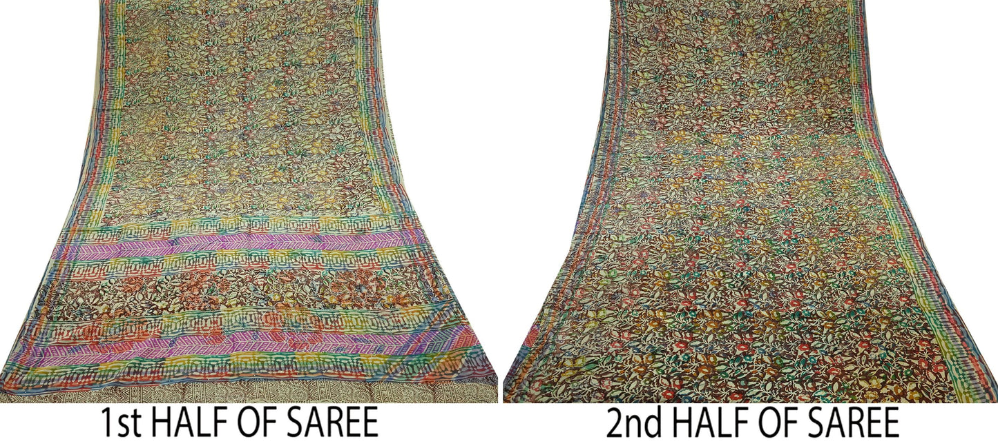 Indian Vintage Sari Multi Pure Crepe Silk Block Printed Mukesh Saree 5yd Sewing Floral Soft Craft Fabric Wrap Dress making Crafting Quilting