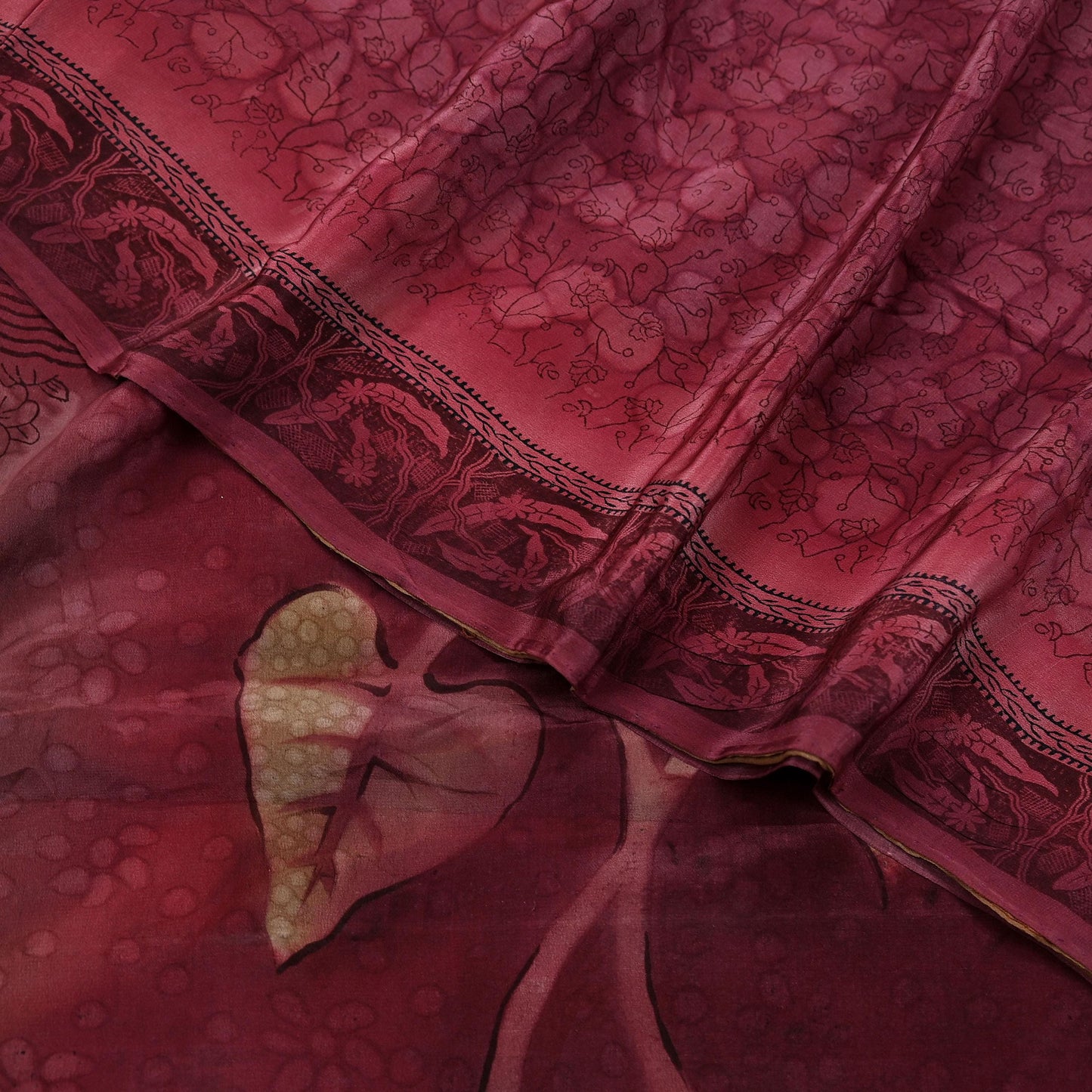 Indian Vintage Maroon & Brown Sarees Pure Crepe Silk Printed Sari 5yd Sewing Floral Soft Craft Fabric Ethnic Wrap Dress making For Crafting