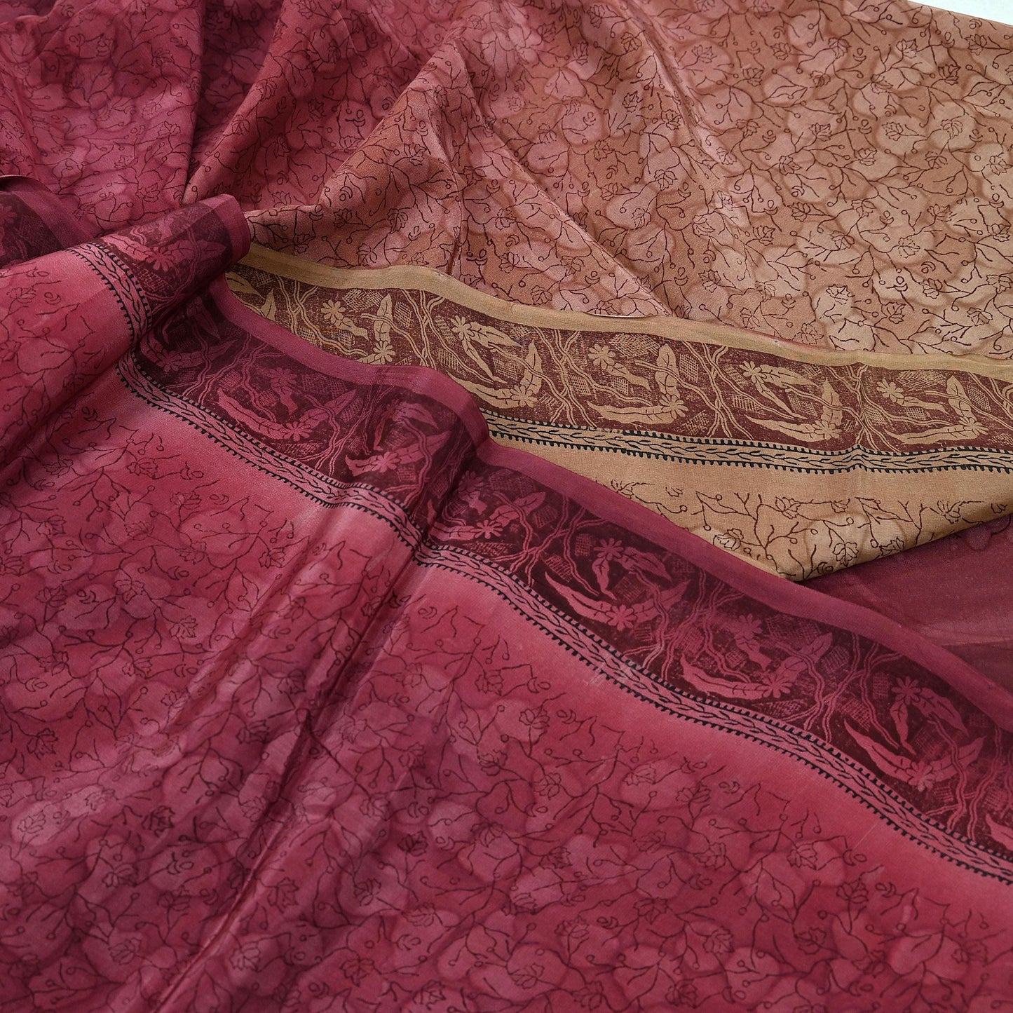 Indian Vintage Maroon & Brown Sarees Pure Crepe Silk Printed Sari 5yd Sewing Floral Soft Craft Fabric Ethnic Wrap Dress making For Crafting