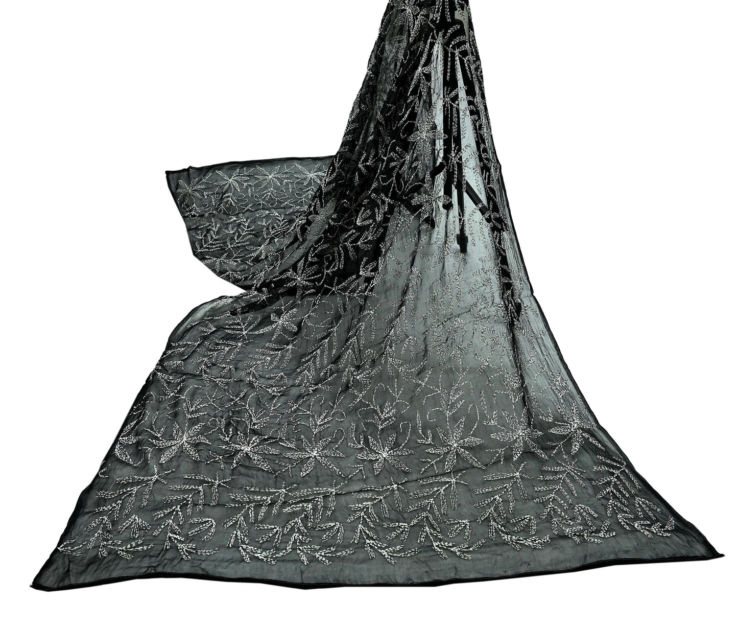 Indian Vintage Dupatta Black Long Stole Hand Embroidered kantha stole Blend Cotton Scarves Veil Wrap Soft Floral