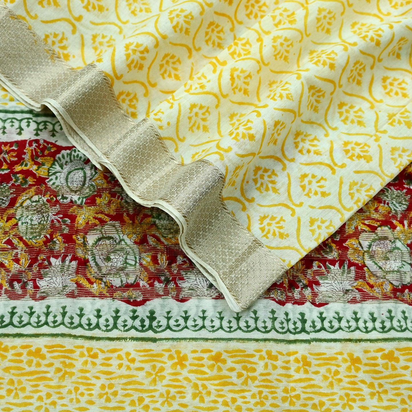 Indian Vintage Dupatta Ivory Long Stole Printed Woven Chanderi Scarf Veil Soft Floral Zari Boho