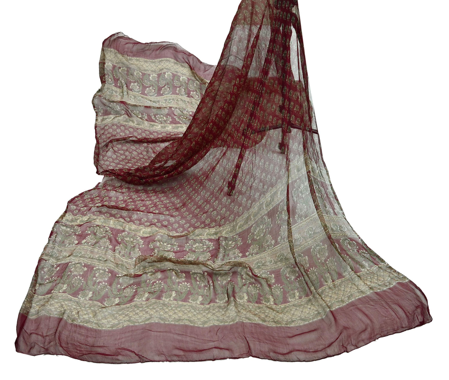 Indian Vintage Maroon Dupatta Long Stole Pure Chiffon Silk Digital Printed Scarves Veil Hijab