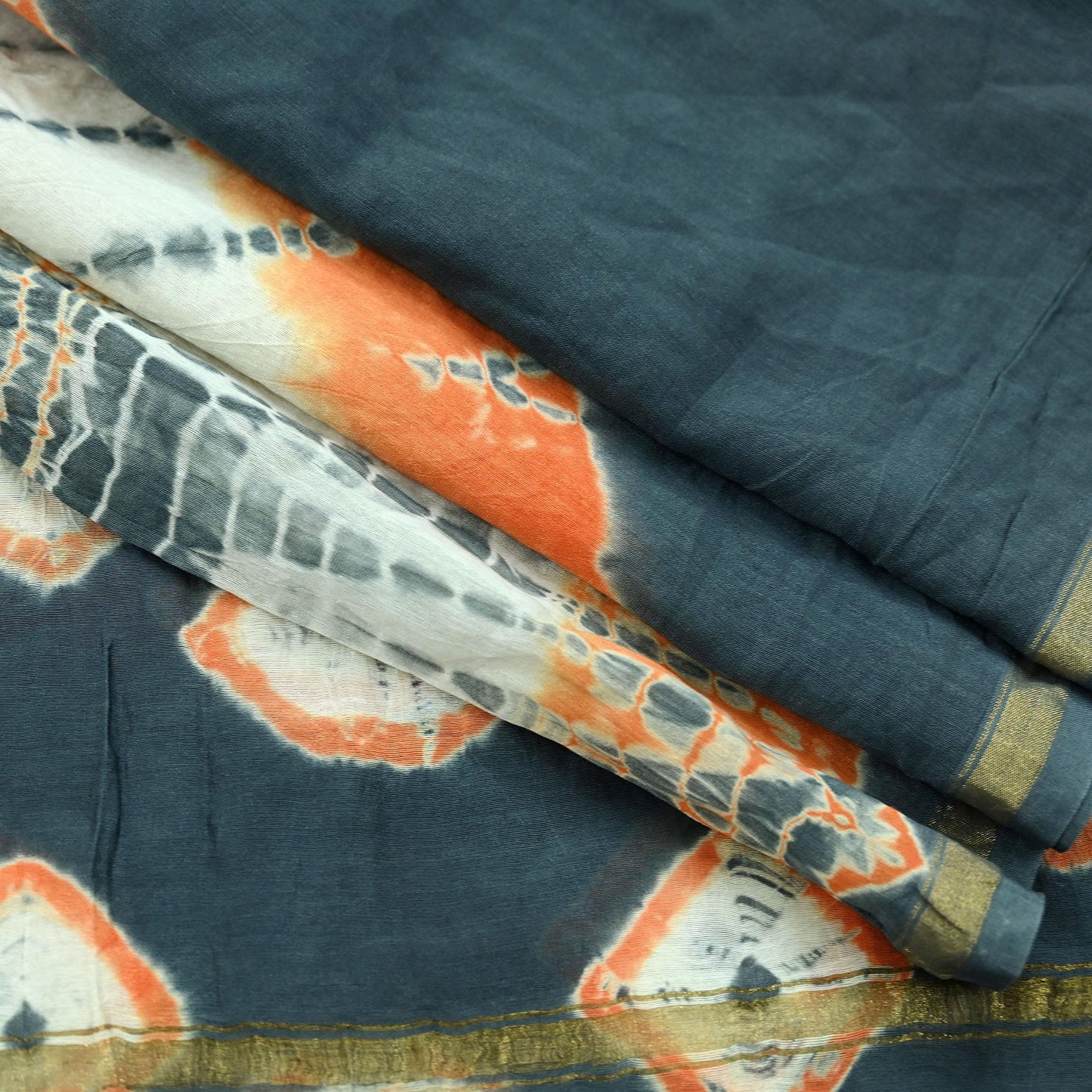 Indian Vintage Gray Dupatta Long Stole Hand Tie-Dye Print Pure Chanderi Silk Scarves Veil Golden Zari