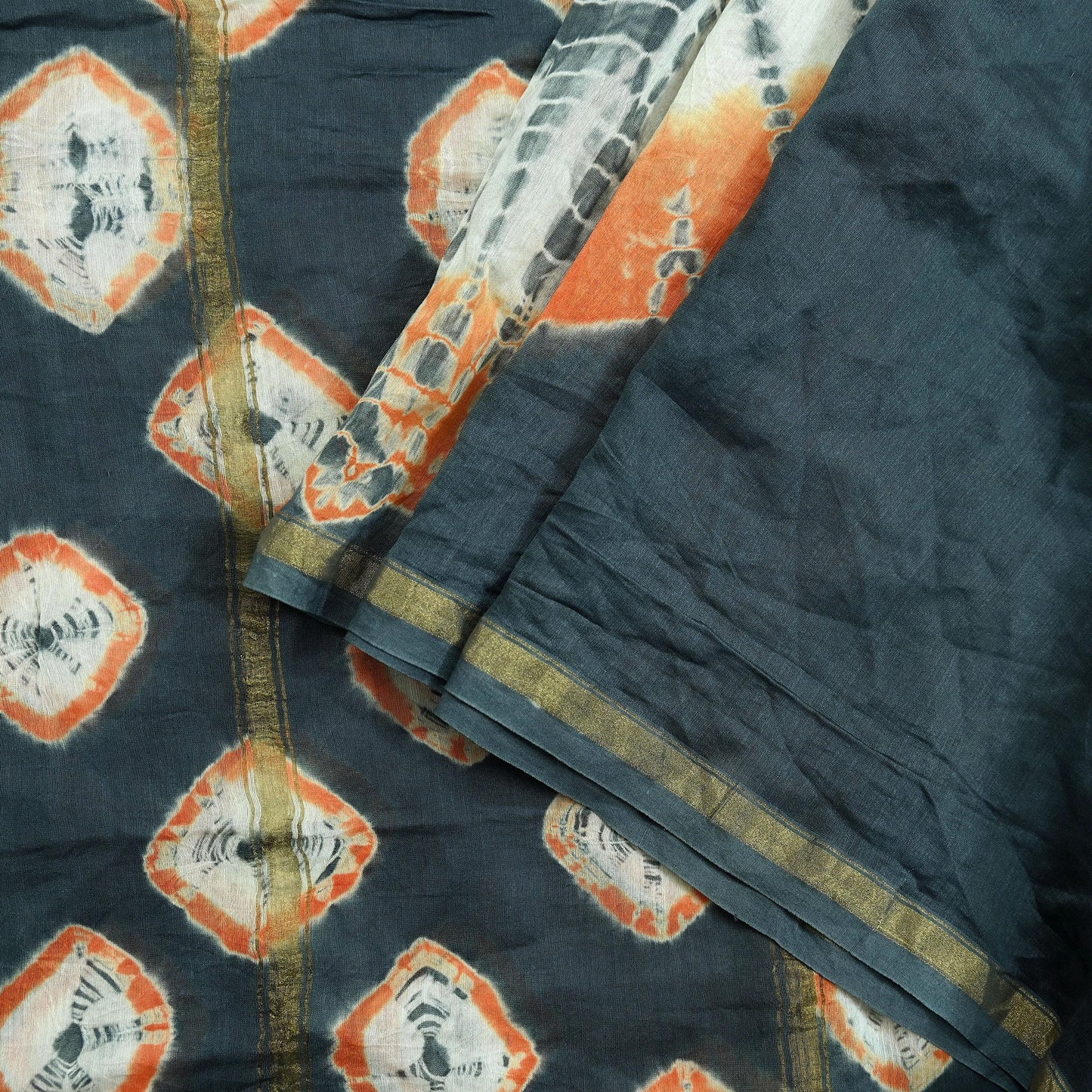 Indian Vintage Gray Dupatta Long Stole Hand Tie-Dye Print Pure Chanderi Silk Scarves Veil Golden Zari
