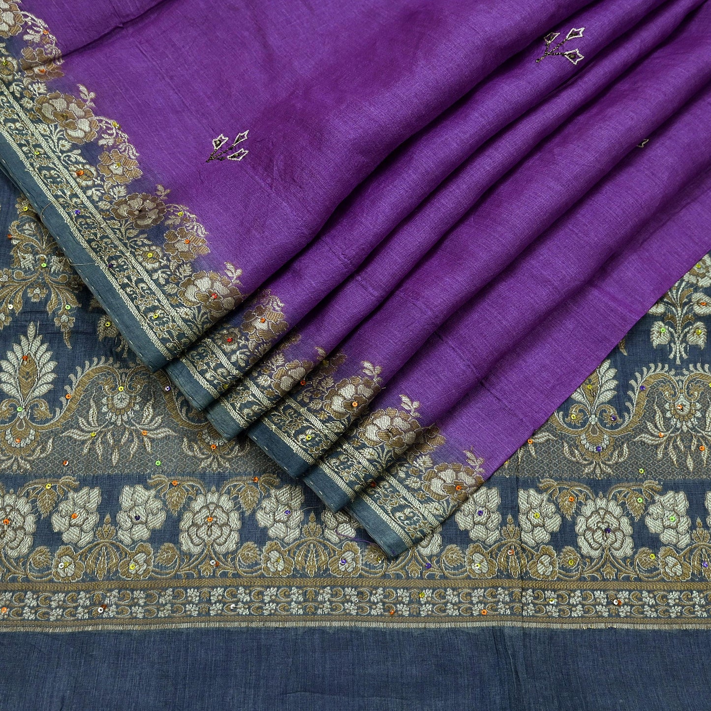 Indian Vintage Sari Purple & Gray Pure Tussar Silk Hand Woven Sarees Craft Fabric 5Yd Sewing Ethnic Dress making Quilting Crafting Upcycle