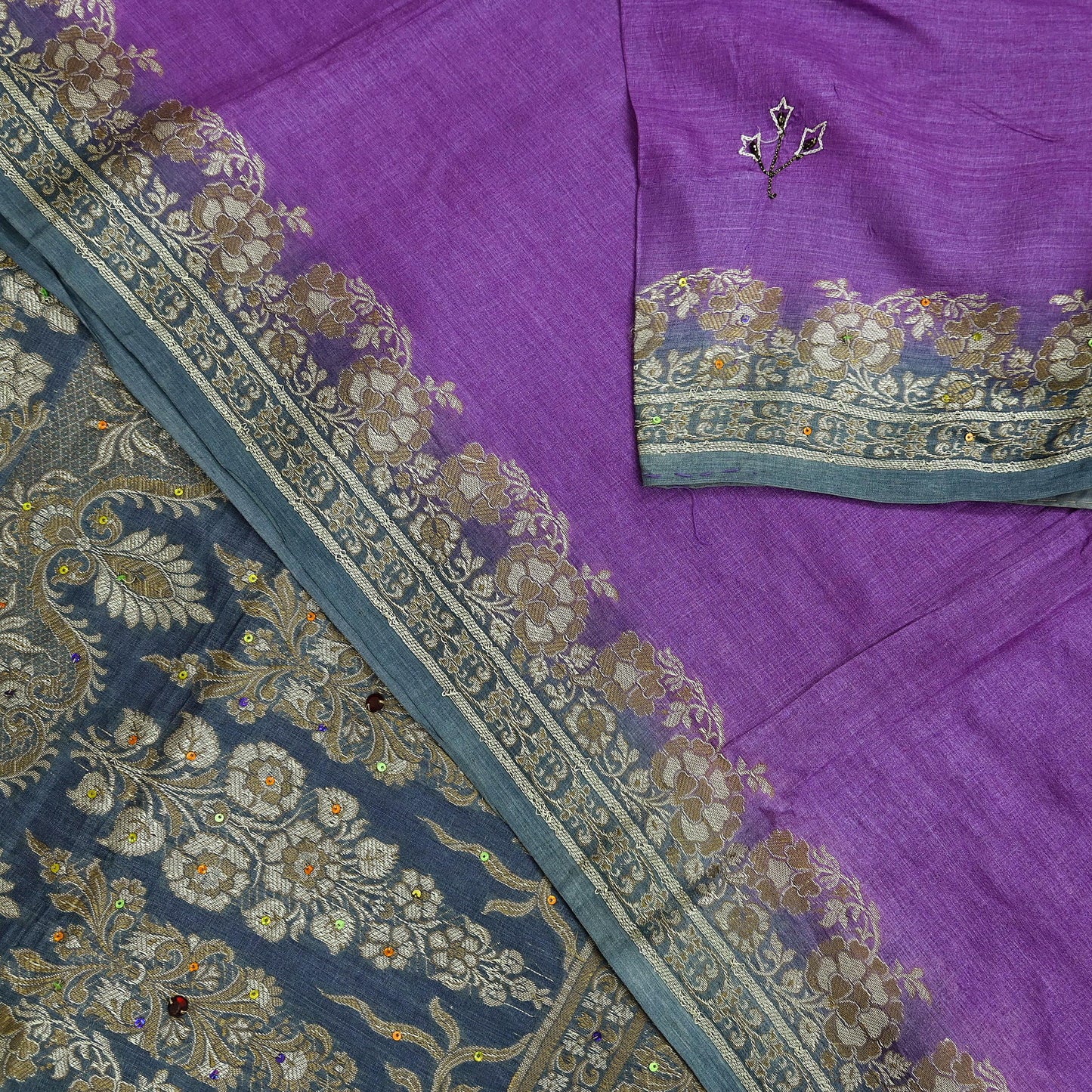 Indian Vintage Sari Purple & Gray Pure Tussar Silk Hand Woven Sarees Craft Fabric 5Yd Sewing Ethnic Dress making Quilting Crafting Upcycle