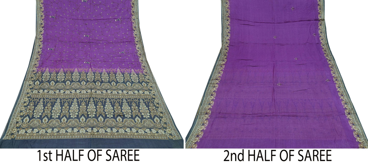Indian Vintage Sari Purple & Gray Pure Tussar Silk Hand Woven Sarees Craft Fabric 5Yd Sewing Ethnic Dress making Quilting Crafting Upcycle