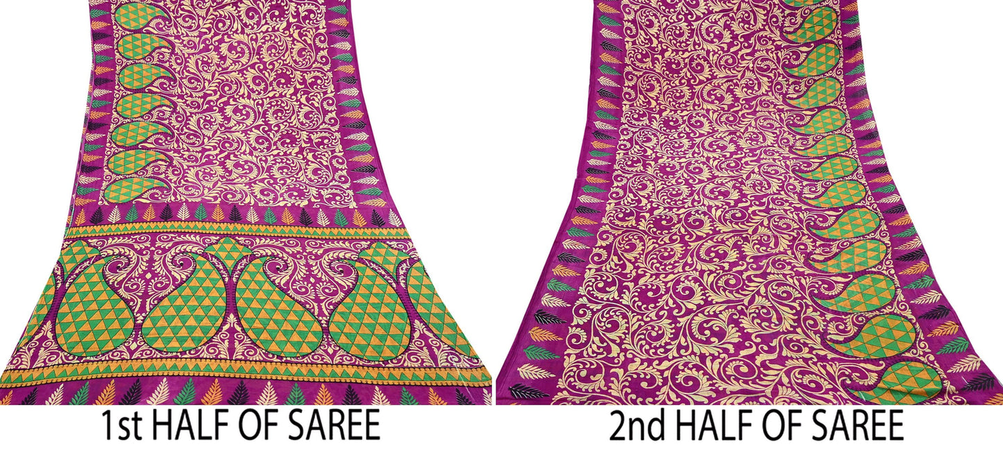 Indian Vintage Sari Purple & Ivory Pure Cotton Printed Saree 5Yd Craft Fabric Sewing Sarong Wrap Boho Floral Quilting crafting dressmaking