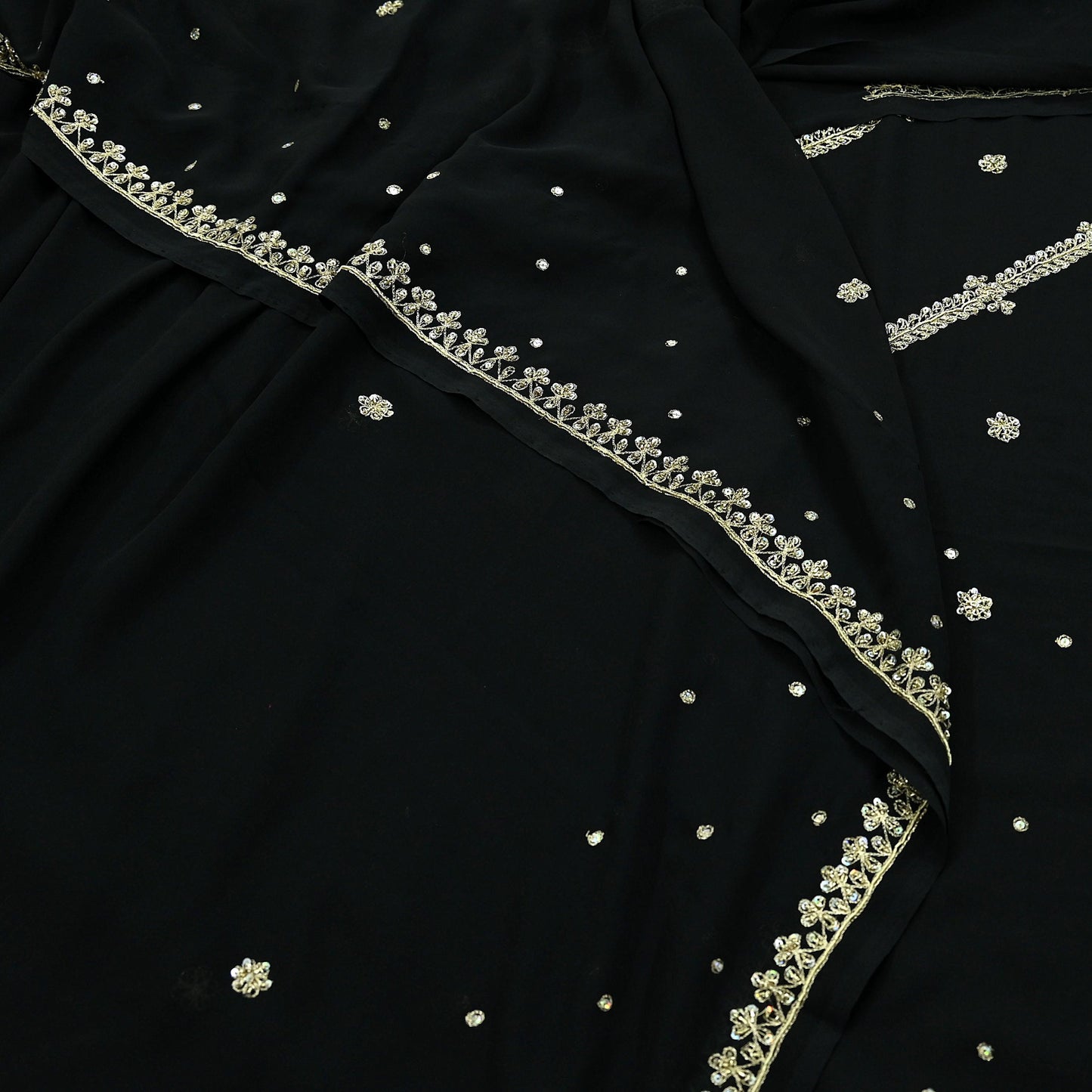 Indian Vintage Black Saree Georgette Hand Embroidered Sari Craft Fabric 5Yd Sewing Soft Ethnic Dress making Crafting Quilting Dabka