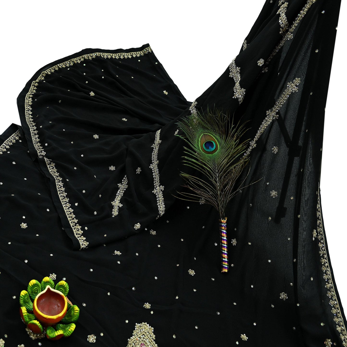 Indian Vintage Black Saree Georgette Hand Embroidered Sari Craft Fabric 5Yd Sewing Soft Ethnic Dress making Crafting Quilting Dabka
