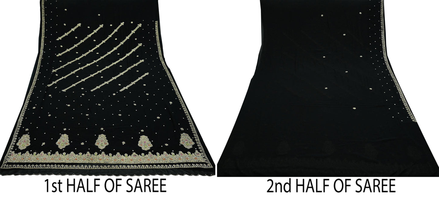 Indian Vintage Black Saree Georgette Hand Embroidered Sari Craft Fabric 5Yd Sewing Soft Ethnic Dress making Crafting Quilting Dabka