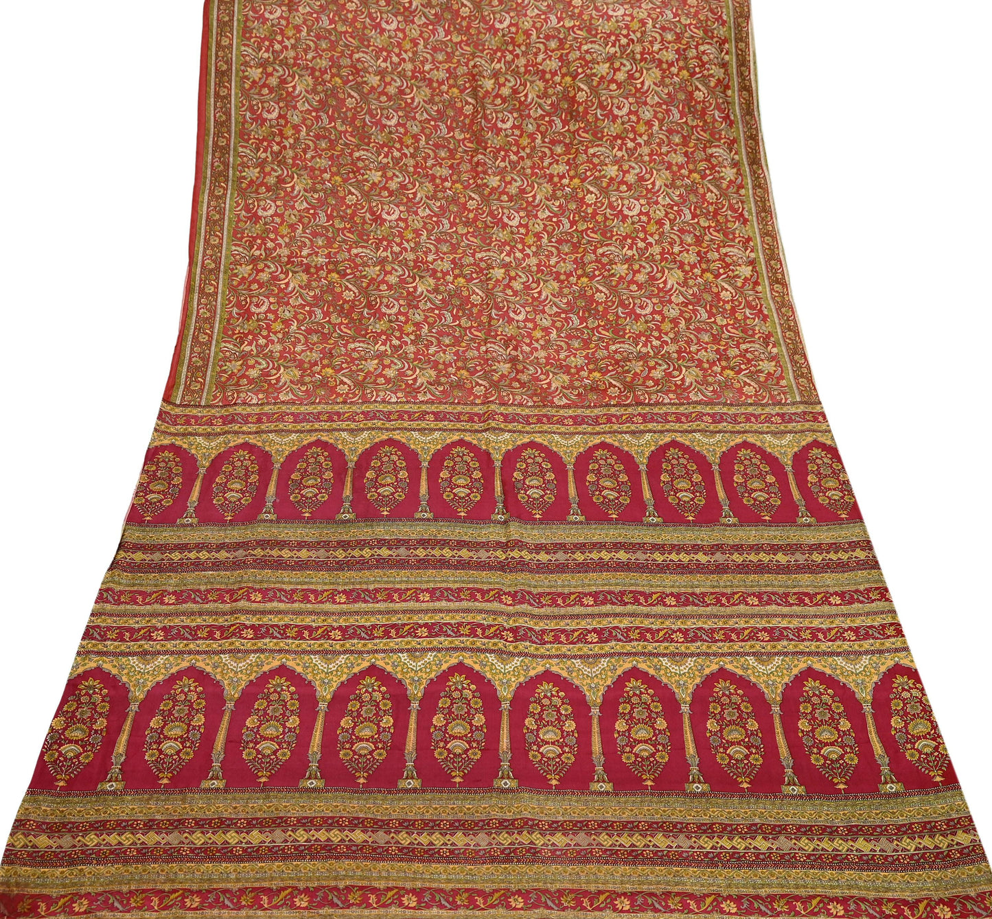 Indian Vintage Sari Red Pure Silk Printed Saree Fabric 6yd Sewing Craft Fabric DressMaking Soft Wrap For Crafting Quilting Floral Upcycle
