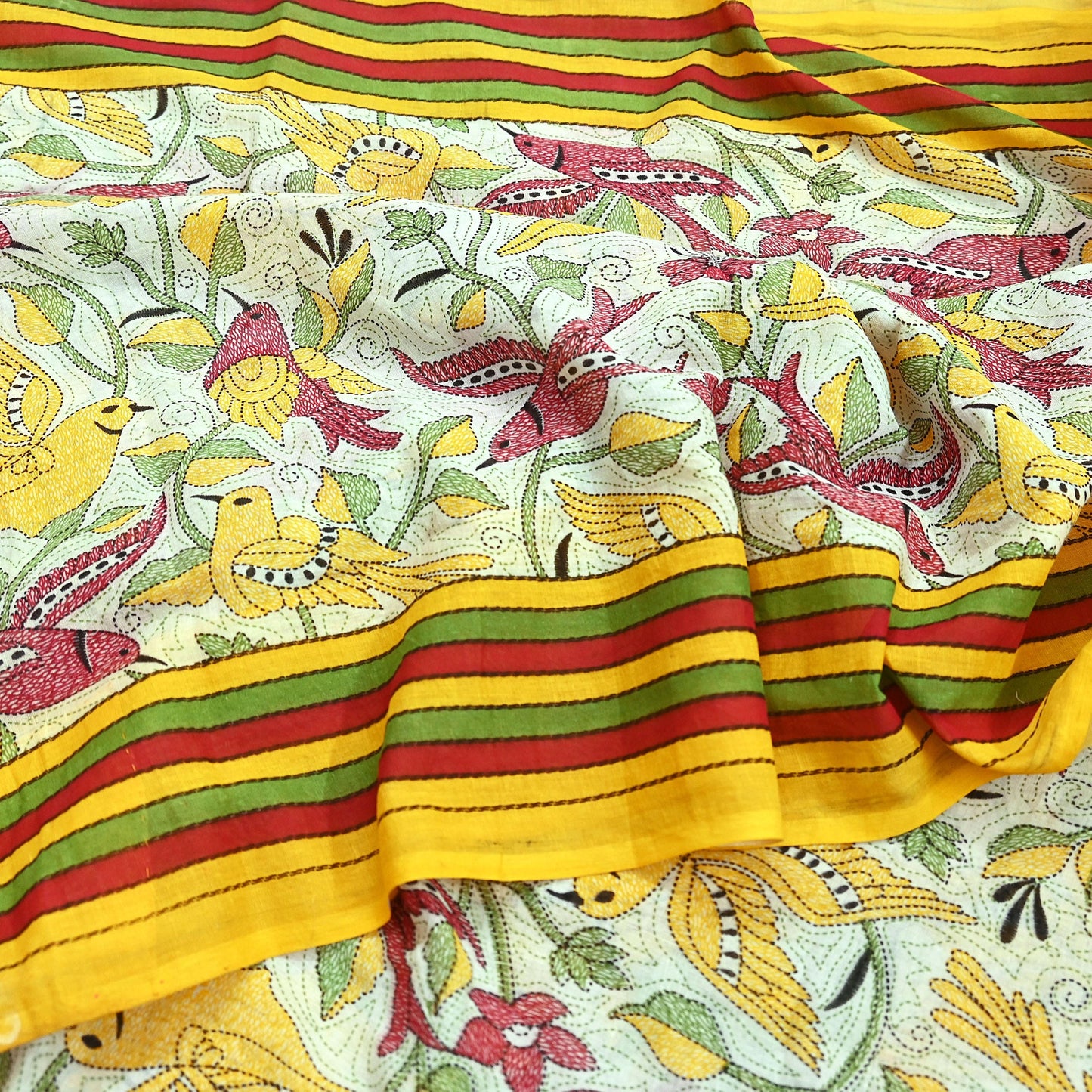 Indian Vintage Sari White & Yellow Printed 100% Pure Cotton Saree Craft Fabric 5Yd Soft Sewing Sarong Wrap Boho