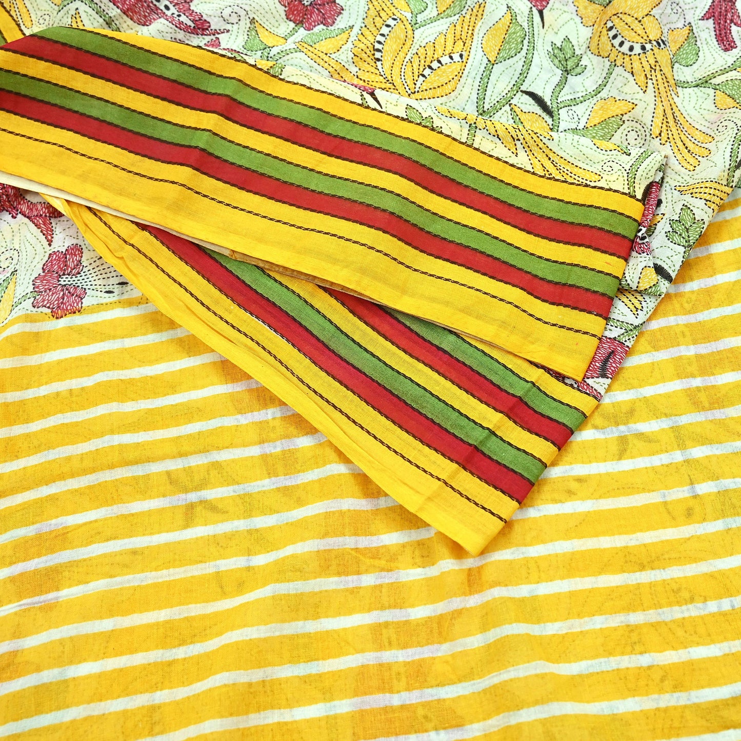 Indian Vintage Sari White & Yellow Printed 100% Pure Cotton Saree Craft Fabric 5Yd Soft Sewing Sarong Wrap Boho