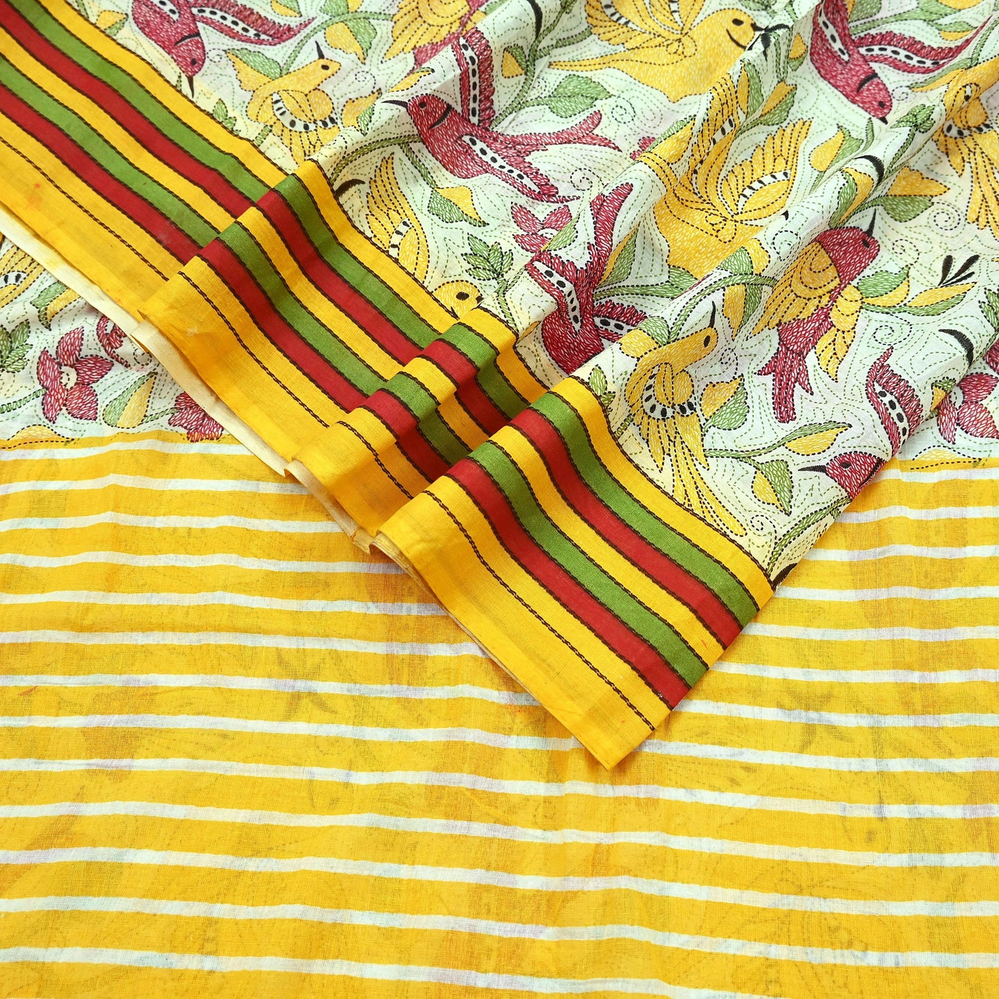 Indian Vintage Sari White & Yellow Printed 100% Pure Cotton Saree Craft Fabric 5Yd Soft Sewing Sarong Wrap Boho