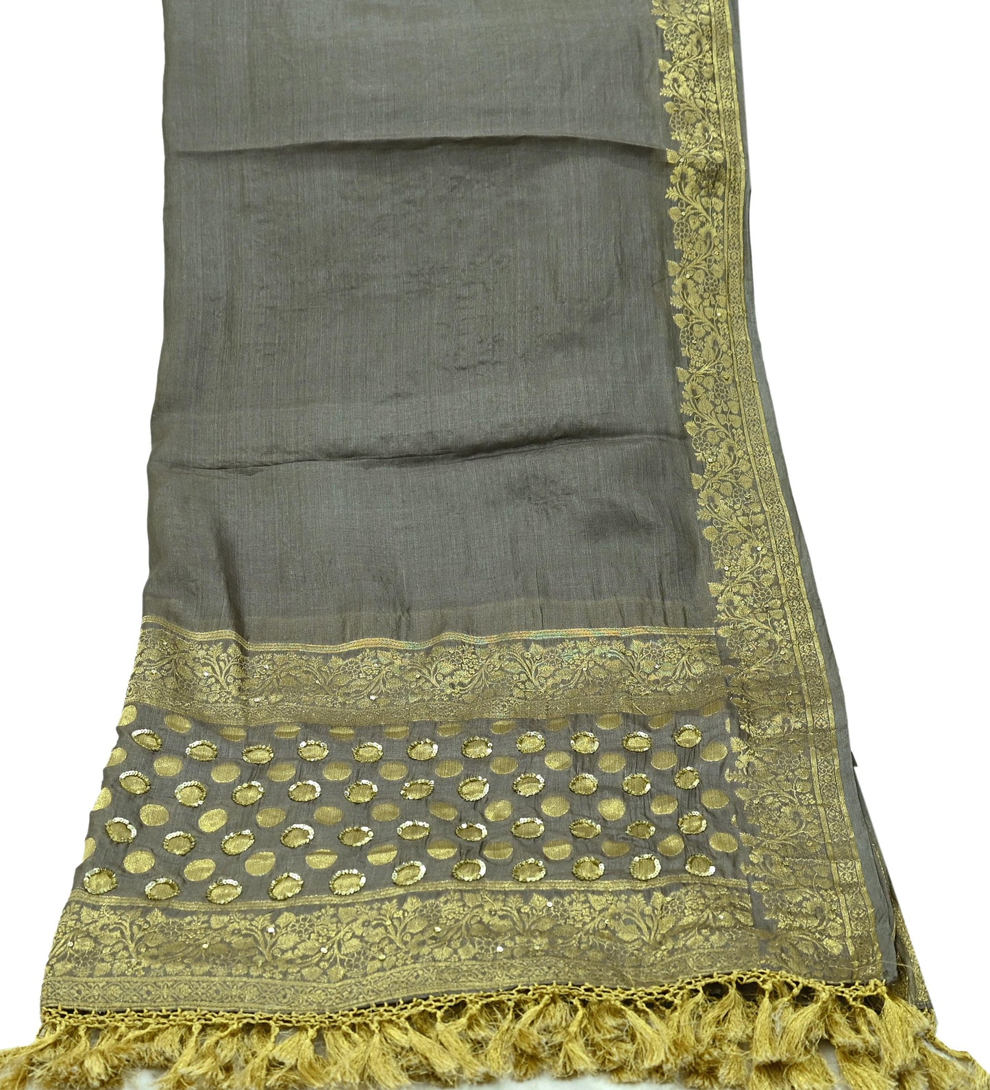 Indian Vintage Gray Dupatta Long Stole Pure Tussar Silk Hand Woven Scarves Veil Scarf Wrap Floral
