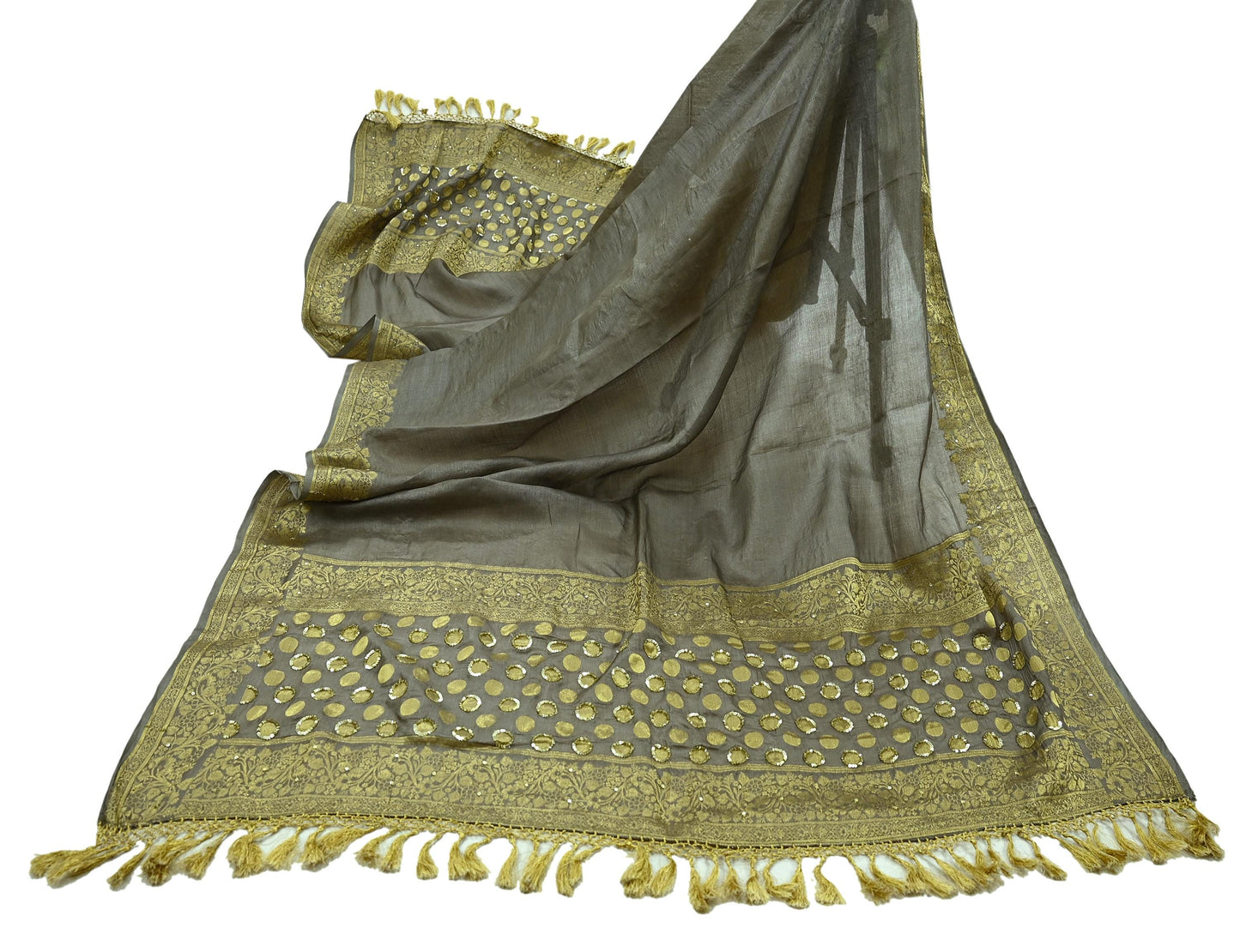 Indian Vintage Gray Dupatta Long Stole Pure Tussar Silk Hand Woven Scarves Veil Scarf Wrap Floral