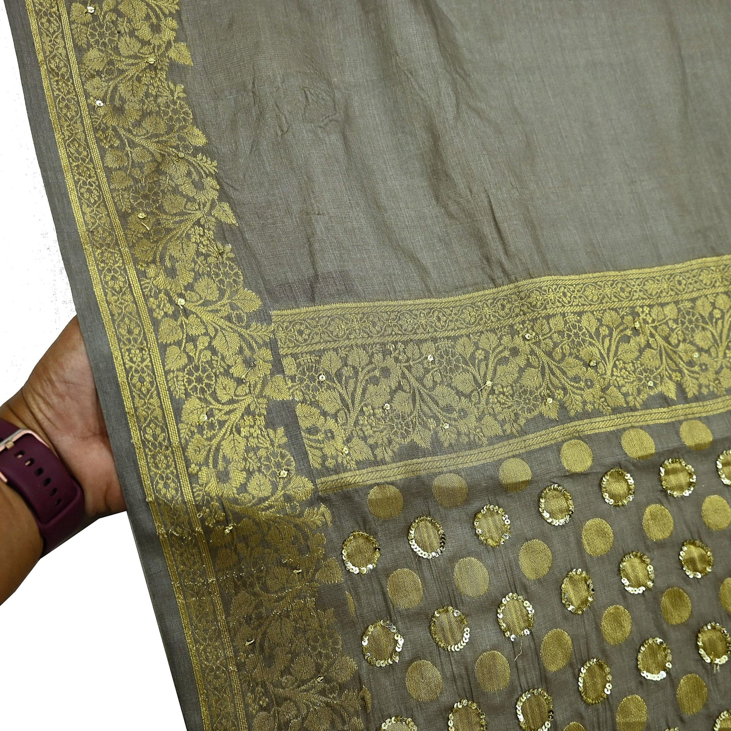 Indian Vintage Gray Dupatta Long Stole Pure Tussar Silk Hand Woven Scarves Veil Scarf Wrap Floral