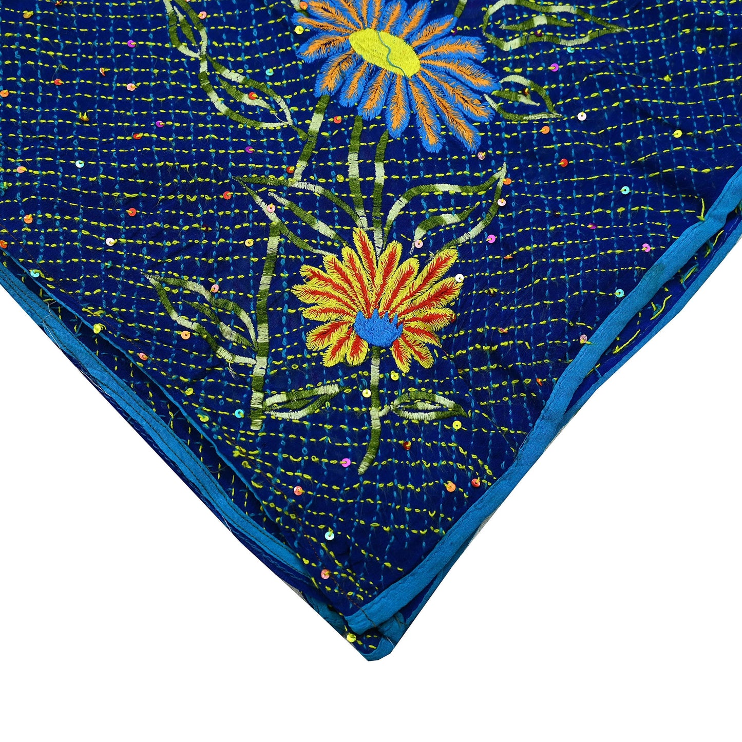 Indian Vintage Dupatta Blue Long Stole Hand Embroidered kantha stole Pure Georgette Silk Scarves Veil Wrap Soft Floral Sequins