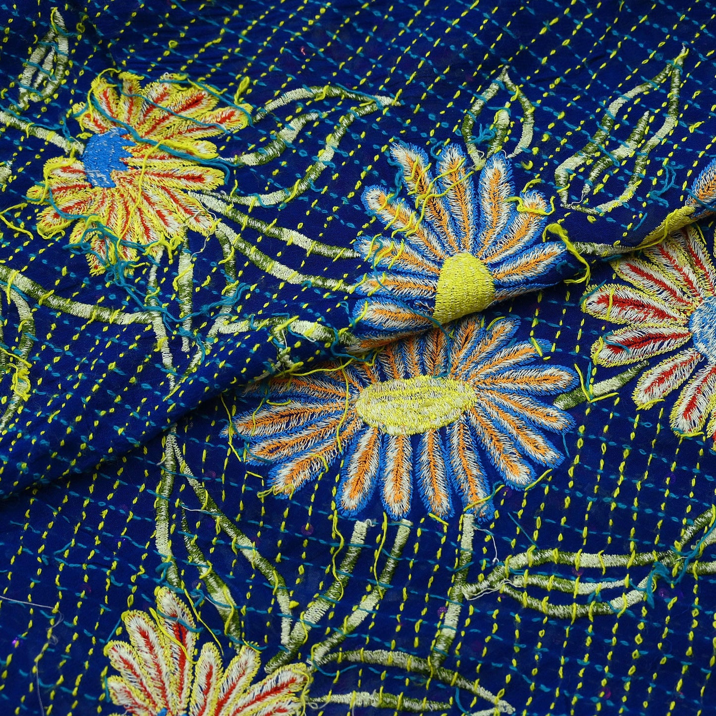 Indian Vintage Dupatta Blue Long Stole Hand Embroidered kantha stole Pure Georgette Silk Scarves Veil Wrap Soft Floral Sequins