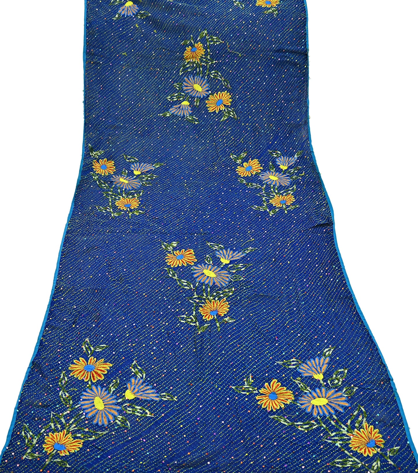 Indian Vintage Dupatta Blue Long Stole Hand Embroidered kantha stole Pure Georgette Silk Scarves Veil Wrap Soft Floral Sequins