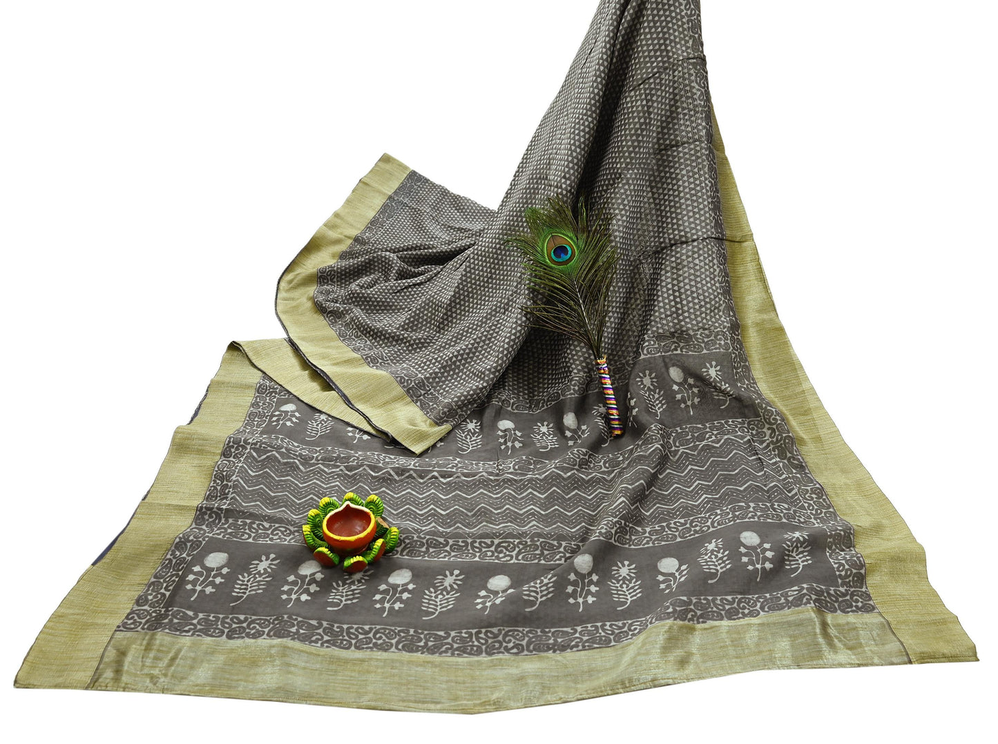 Indian Vintage Sari Brown Pure chanderi Silk Bagru Printed Sarees Craft Fabric 5Yd Floral Soft Zari Border Ethnic Dress making