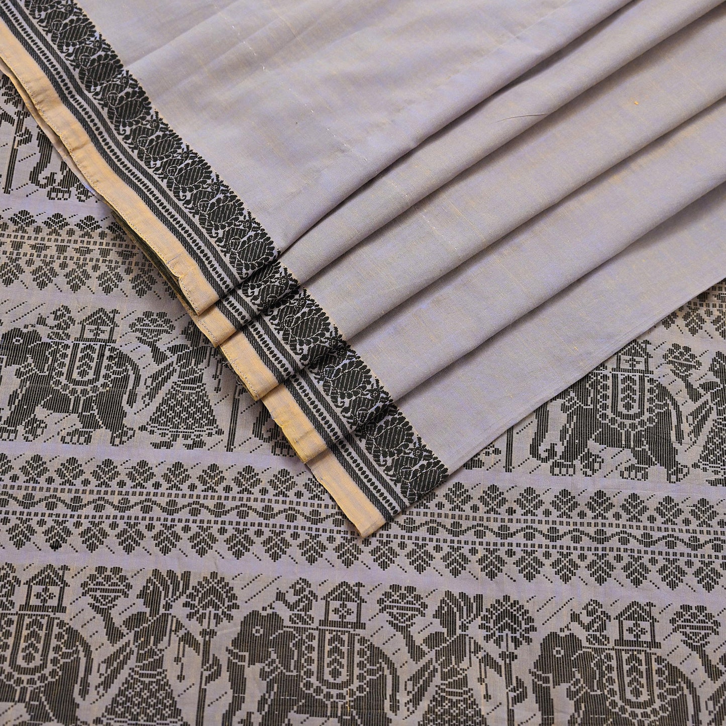 Indian Vintage Sari Purple & Saffron Pure Cotton Hand Woven Baluchari Saree Craft Fabric 5yd Ethnic Humans Fringes Crafting Upcycle Quilting