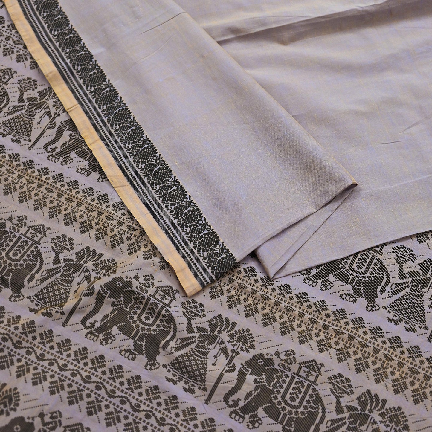 Indian Vintage Sari Purple & Saffron Pure Cotton Hand Woven Baluchari Saree Craft Fabric 5yd Ethnic Humans Fringes Crafting Upcycle Quilting