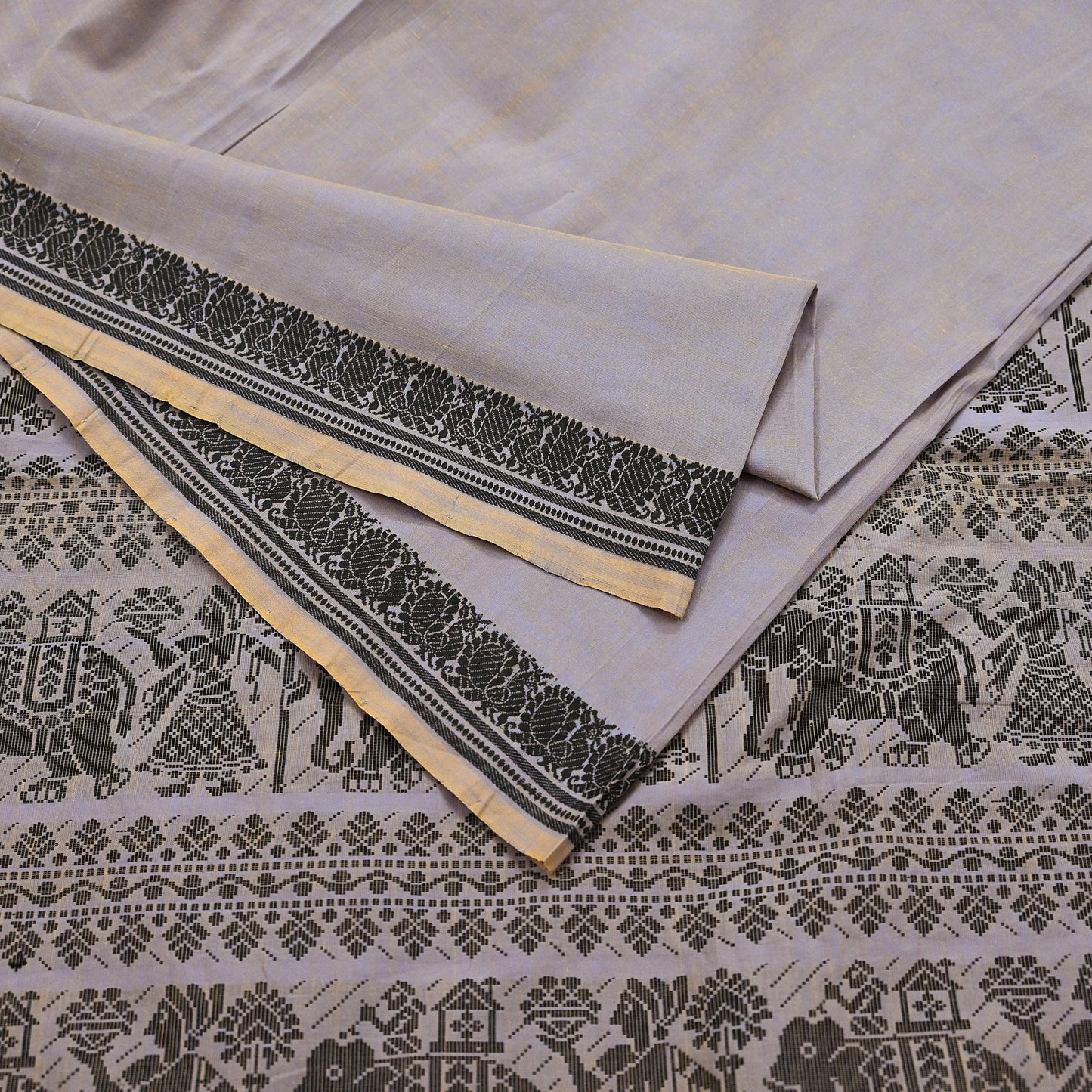 Indian Vintage Sari Purple & Saffron Pure Cotton Hand Woven Baluchari Saree Craft Fabric 5yd Ethnic Humans Fringes Crafting Upcycle Quilting