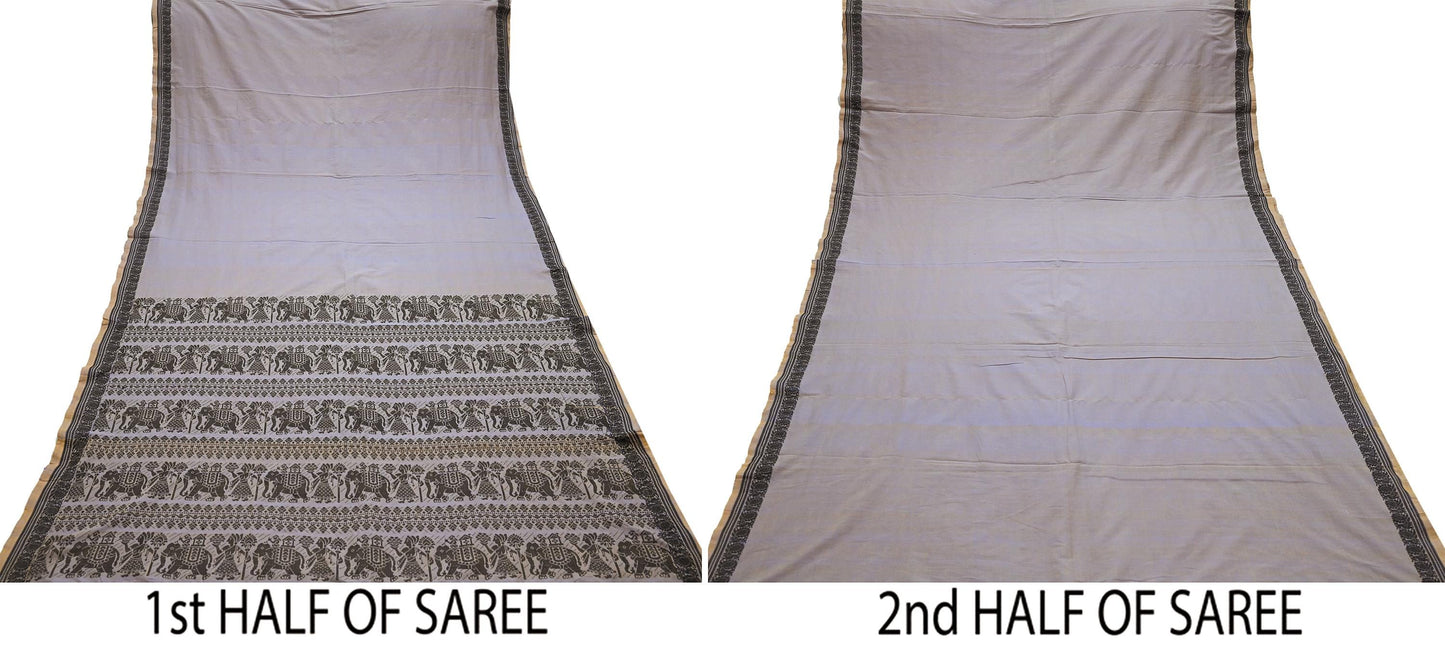 Indian Vintage Sari Purple & Saffron Pure Cotton Hand Woven Baluchari Saree Craft Fabric 5yd Ethnic Humans Fringes Crafting Upcycle Quilting