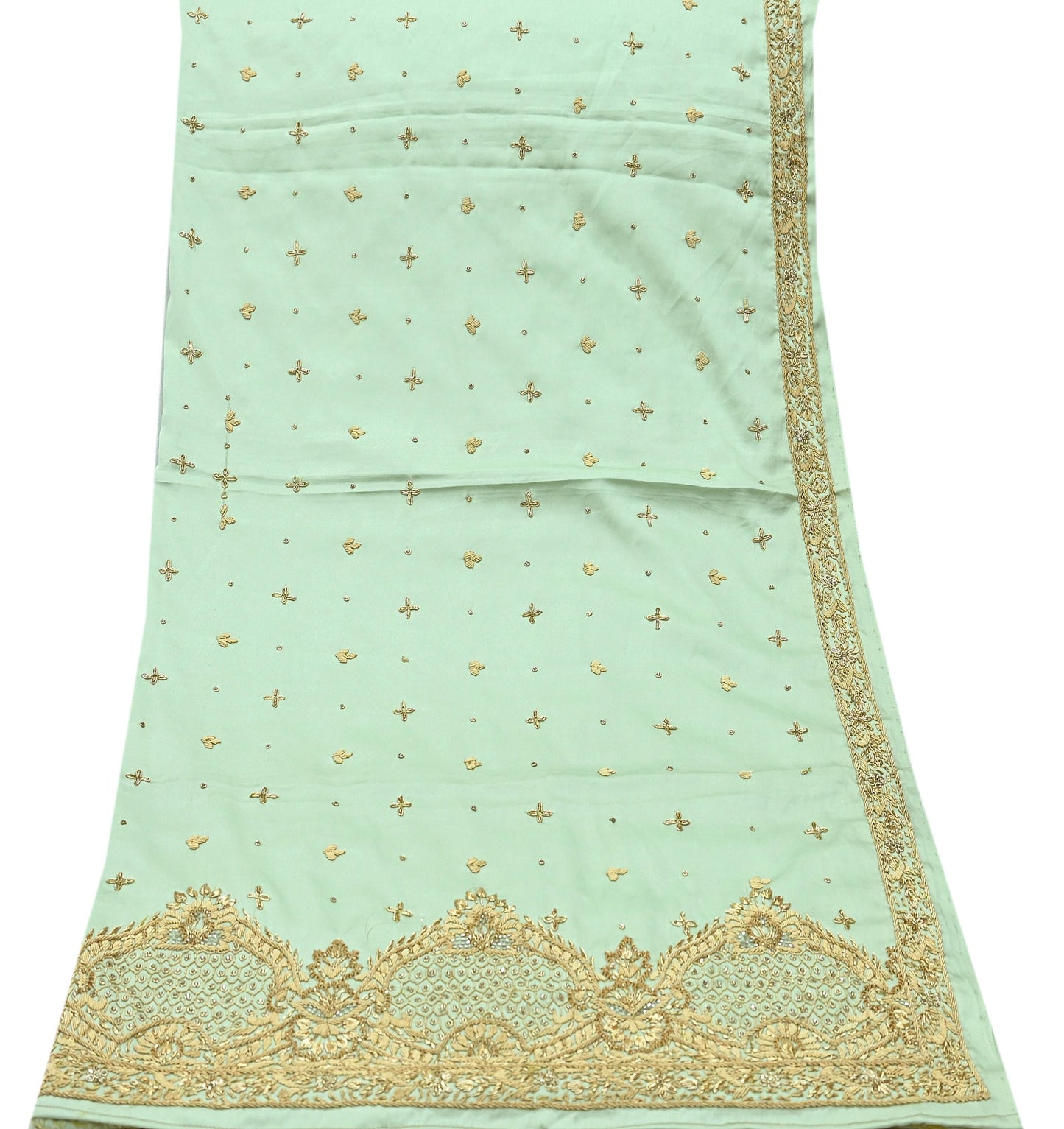 Indian Vintage Heavy Wedding Green Dupatta Pure Satin Silk Long Stole Hand Embroidered Scarves Golden Zardozi Stole