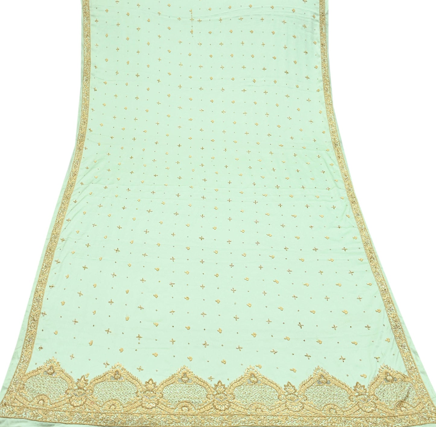 Indian Vintage Heavy Wedding Green Dupatta Pure Satin Silk Long Stole Hand Embroidered Scarves Golden Zardozi Stole