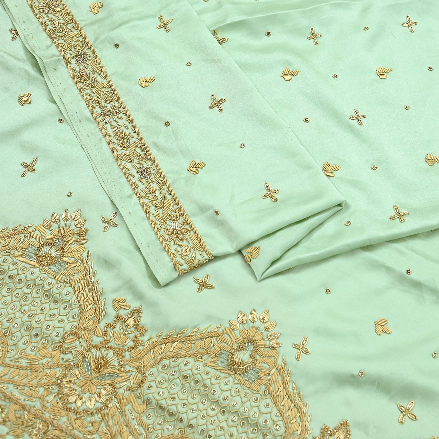 Indian Vintage Heavy Wedding Green Dupatta Pure Satin Silk Long Stole Hand Embroidered Scarves Golden Zardozi Stole