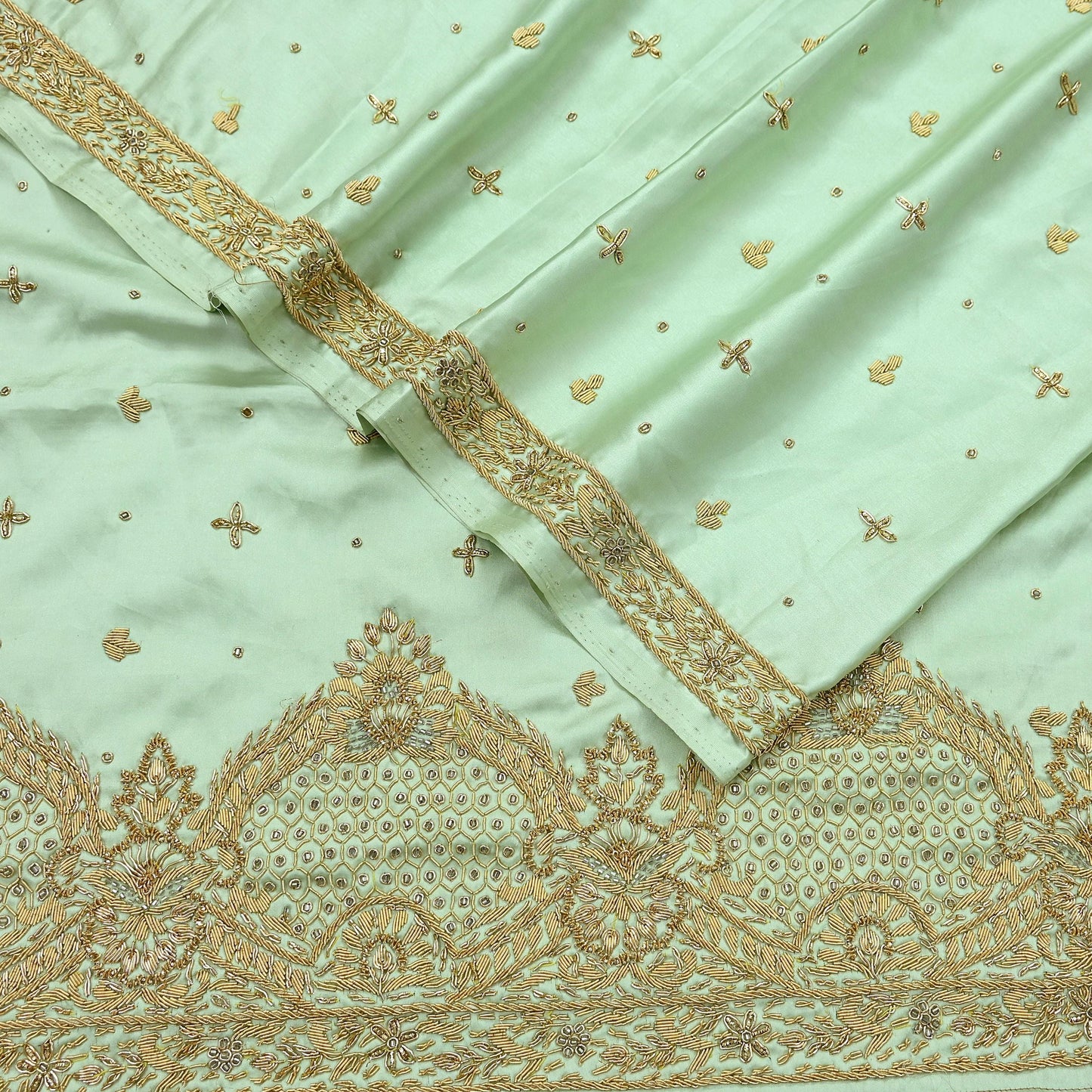Indian Vintage Heavy Wedding Green Dupatta Pure Satin Silk Long Stole Hand Embroidered Scarves Golden Zardozi Stole