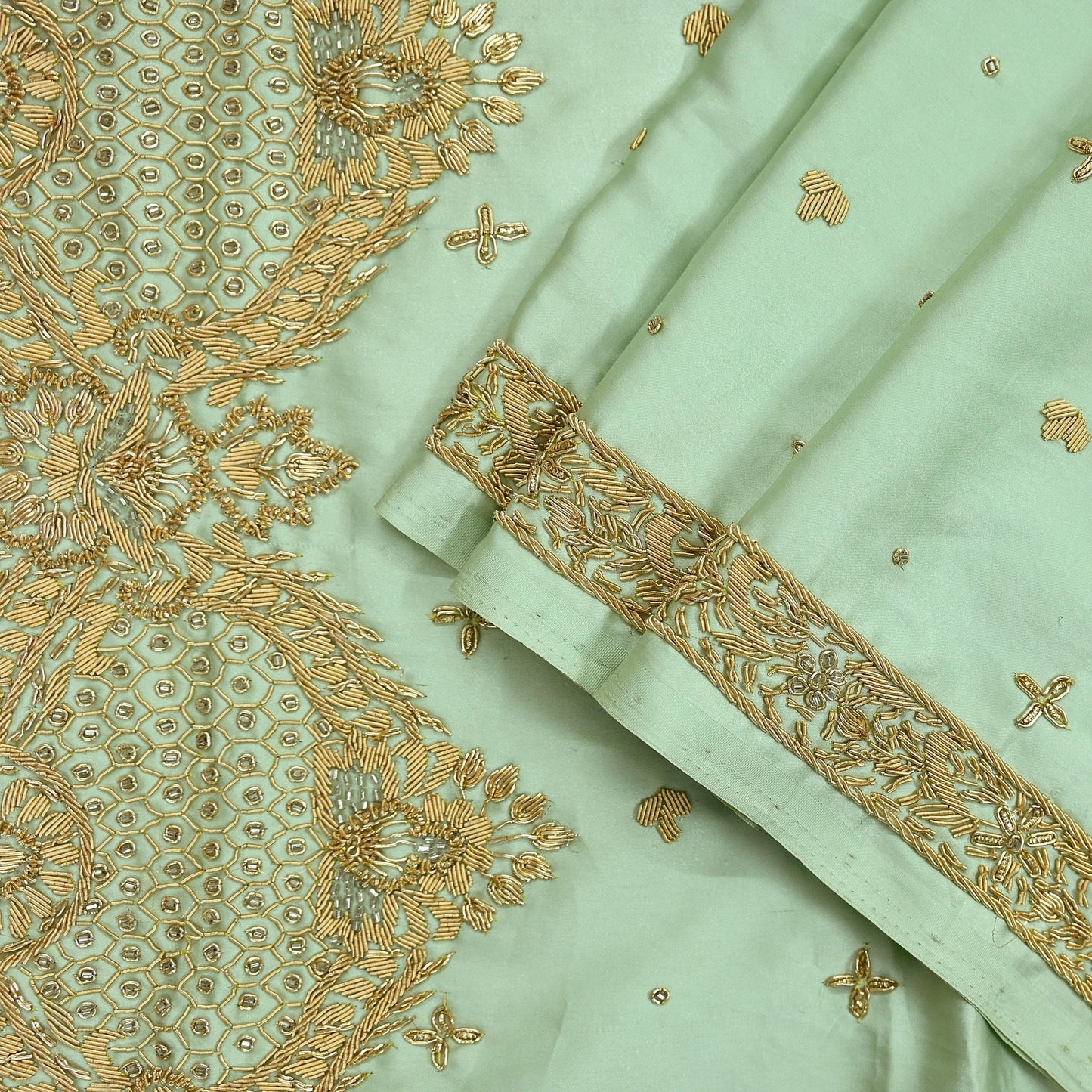 Indian Vintage Heavy Wedding Green Dupatta Pure Satin Silk Long Stole Hand Embroidered Scarves Golden Zardozi Stole