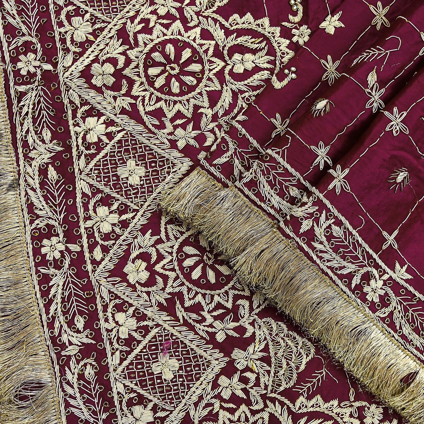 Indian Vintage Heavy Wedding Wine Dupatta Pure Satin Silk Long Stole Hand Embroidered Scarves Golden Zardozi Stole Fringes Bridal veil