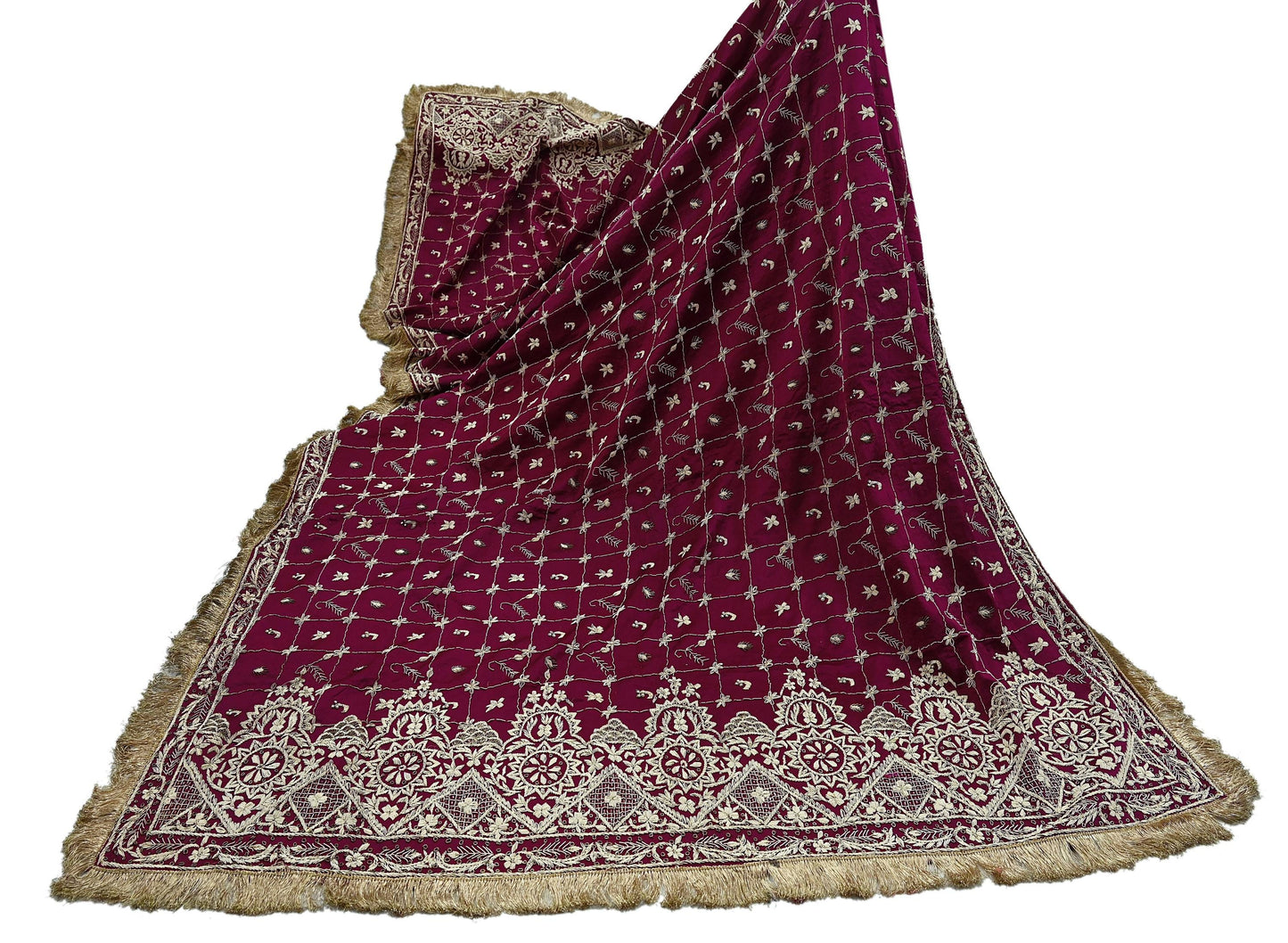 Indian Vintage Heavy Wedding Wine Dupatta Pure Satin Silk Long Stole Hand Embroidered Scarves Golden Zardozi Stole Fringes Bridal veil